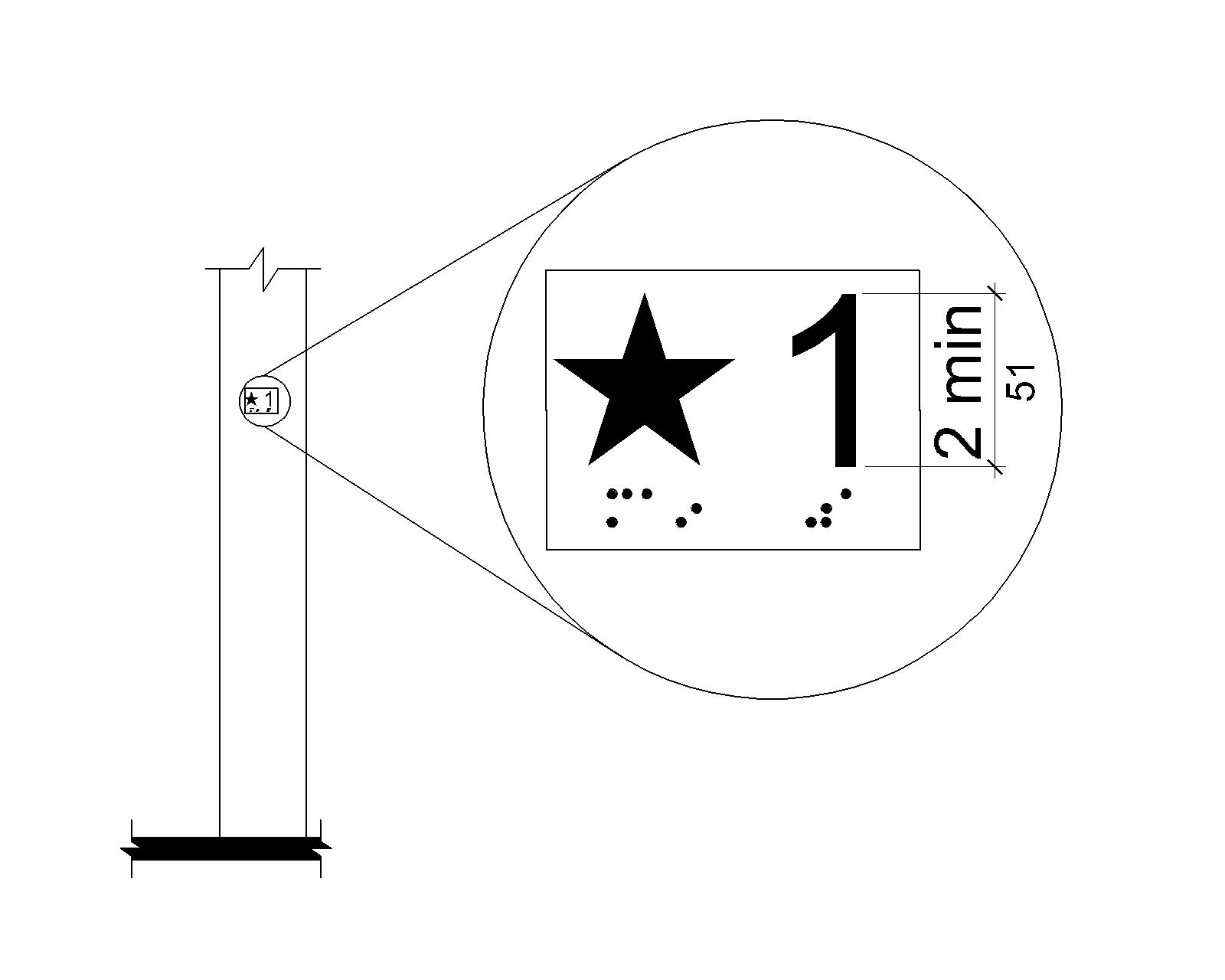 Deck Designations on Elevator Hoistway Entrances. An enlarged detail of a tactile deck designation is shown. The sign contains a star and the number 1 next to it which is 2 inches (51 mm) high; the braille equivalent is provided below each.