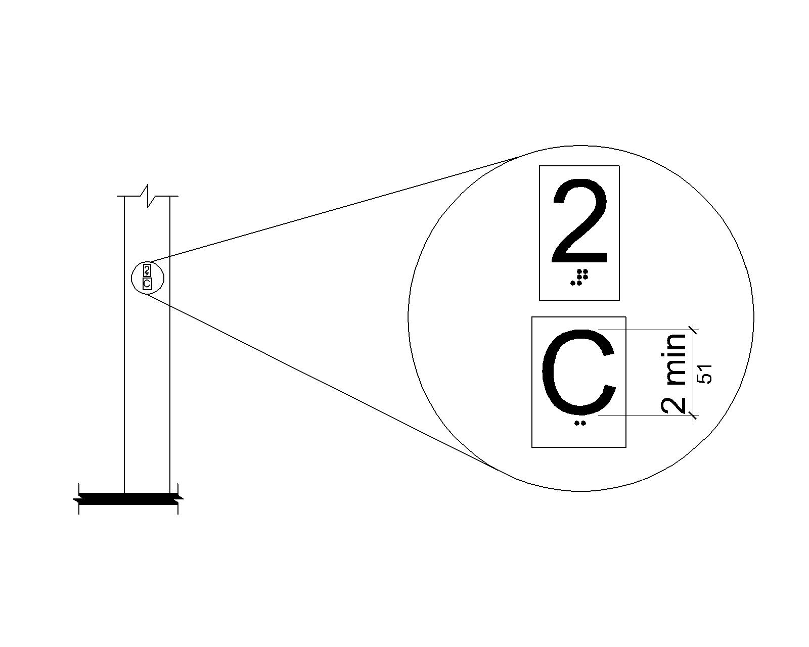 An enlarged detail shows the car designation below the deck designation. The car designation is 2 inches (51 mm) minimum high with the braille equivalent below it.