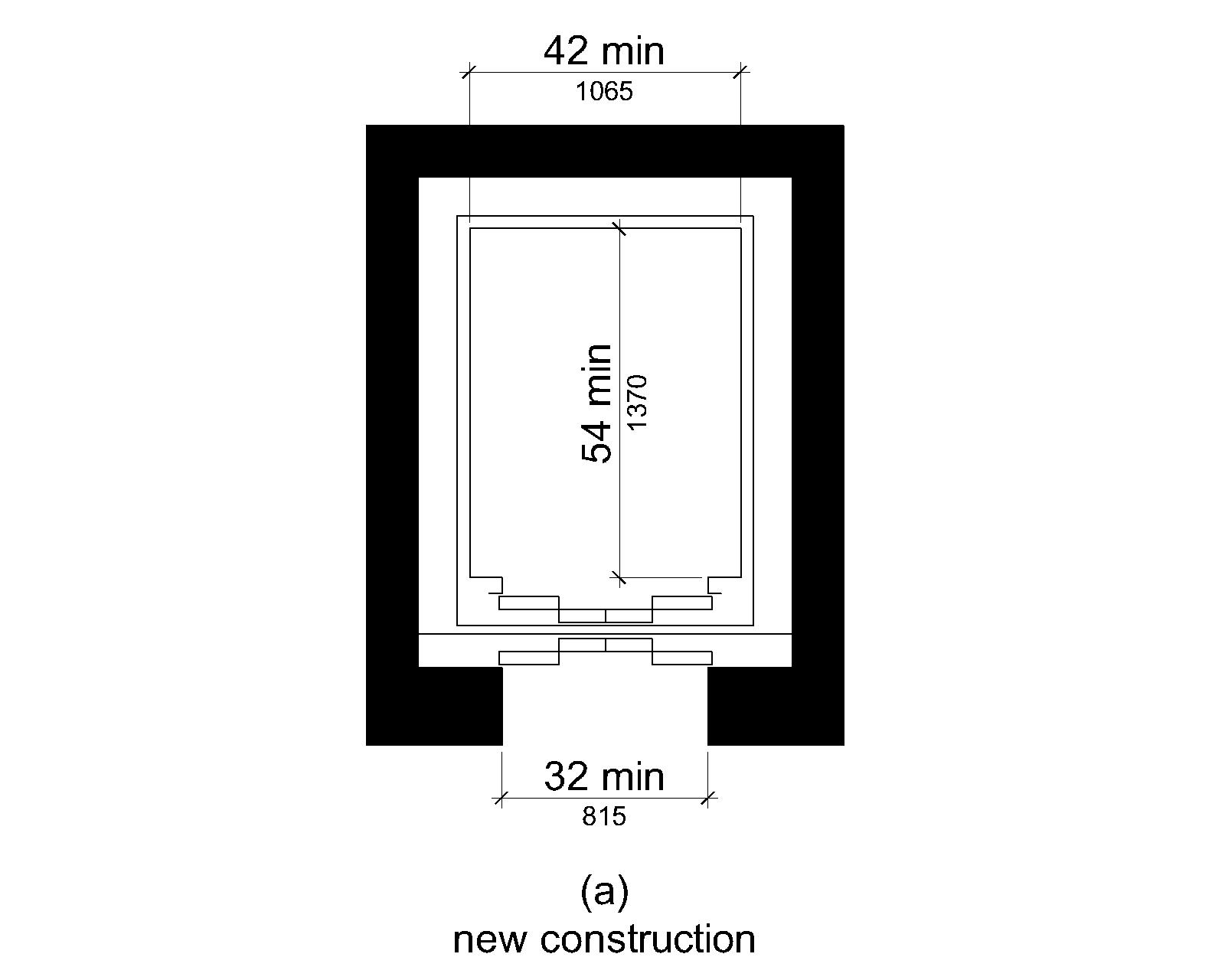 Figure (a) shows the configuration for new construction. The door clear width is 32 inches (815 mm) minimum and the car width measured side to side is 42 inches (1065 mm) minimum. The car depth is 54 inches (1370 mm) minimum.