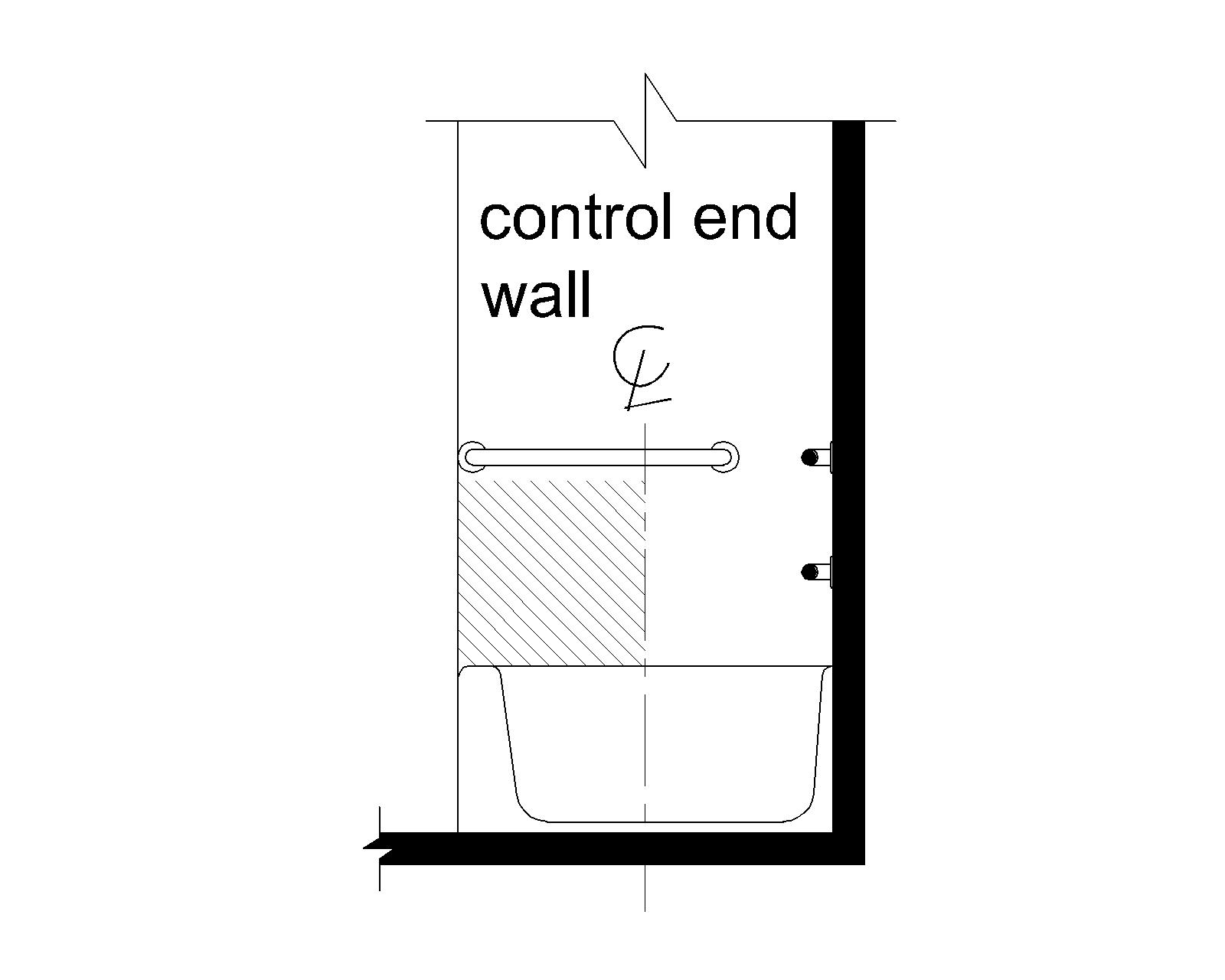 Elevation drawing shows the location of controls above the tub rim and below the grab bar and between the front edge of the tub and the tub centerline.