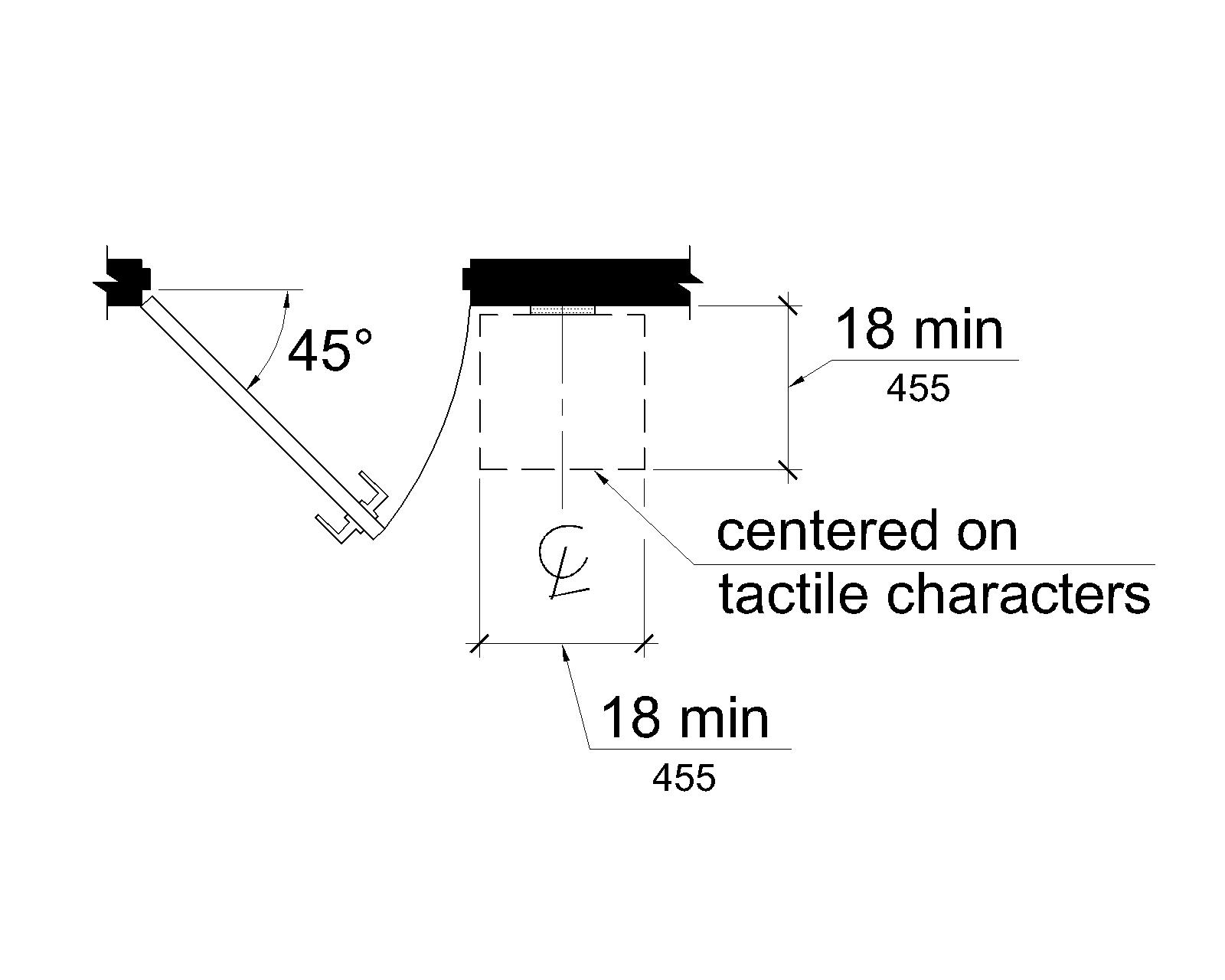 A sign with tactile characters is mounted so that clear deck space 18 by 18 inches (455 by 455 mm) minimum, centered on the tactile characters, is provided beyond the arc of any door swing between the closed position and 45 degree open position.