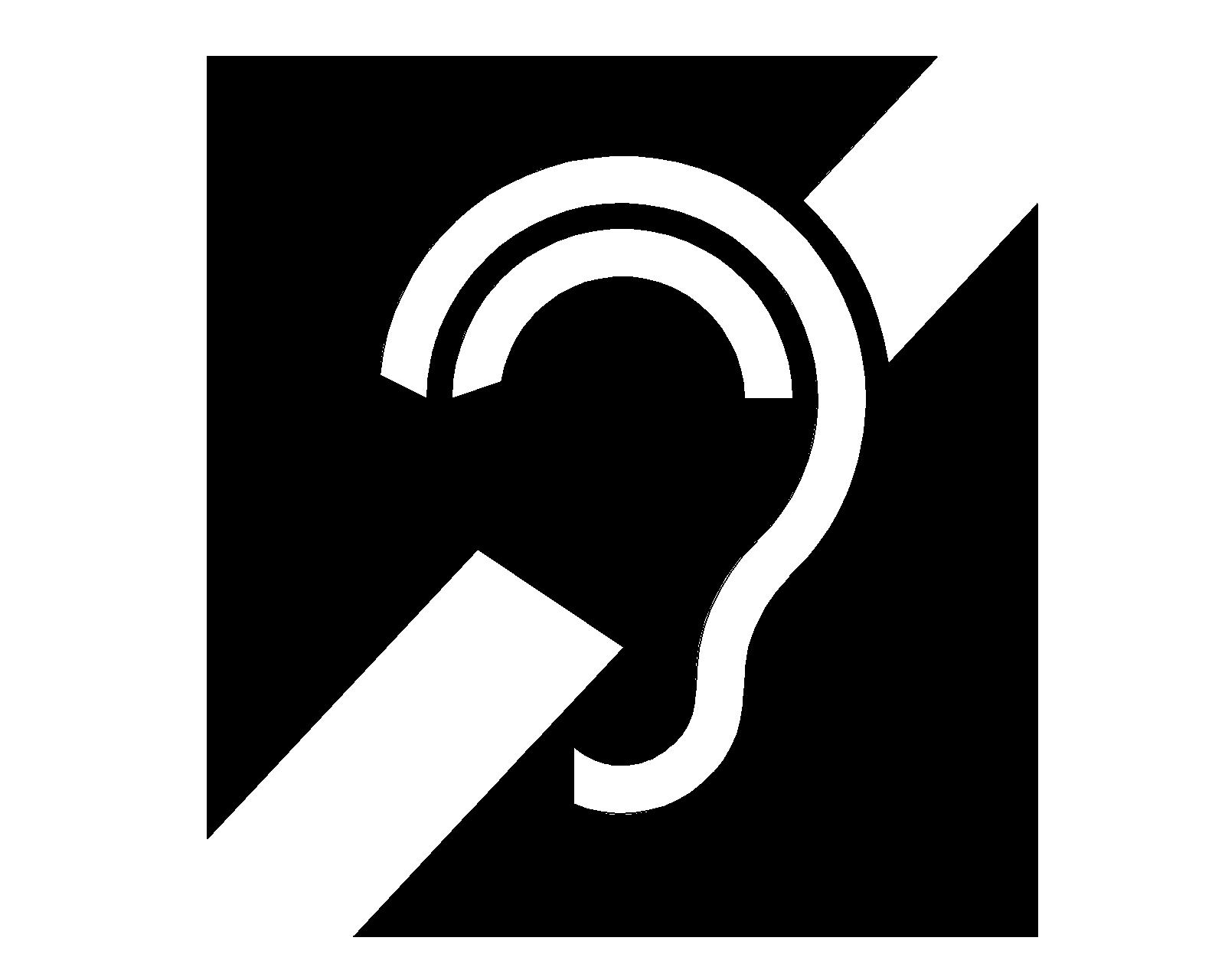 Pictogram with the shape of an ear and a bar diagonally across the shape.