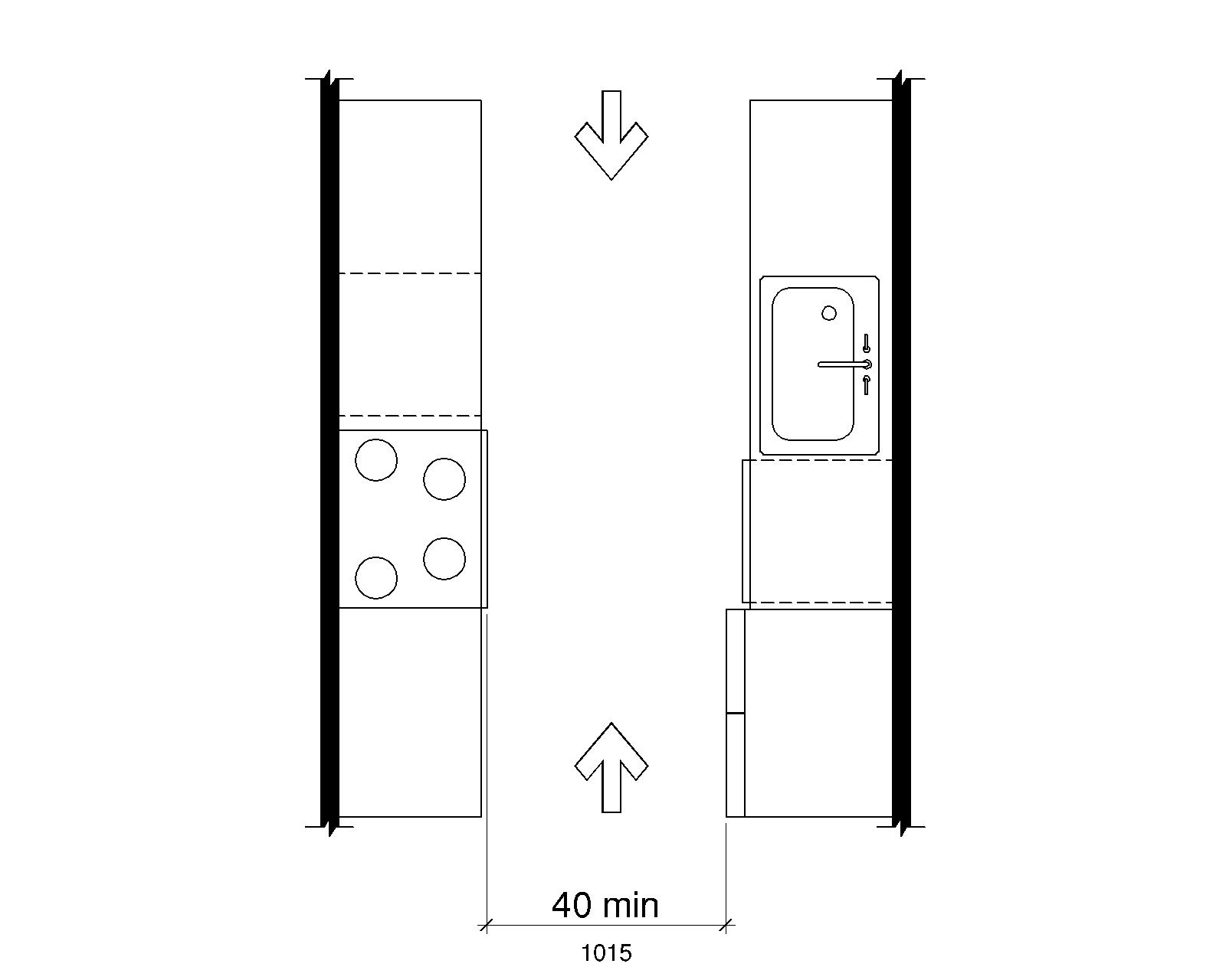 A plan view of a galley with appliances and cabinets on both sides of an aisle open on both ends shows the width of the central aisle as 40 inches (1015 mm) minimum.