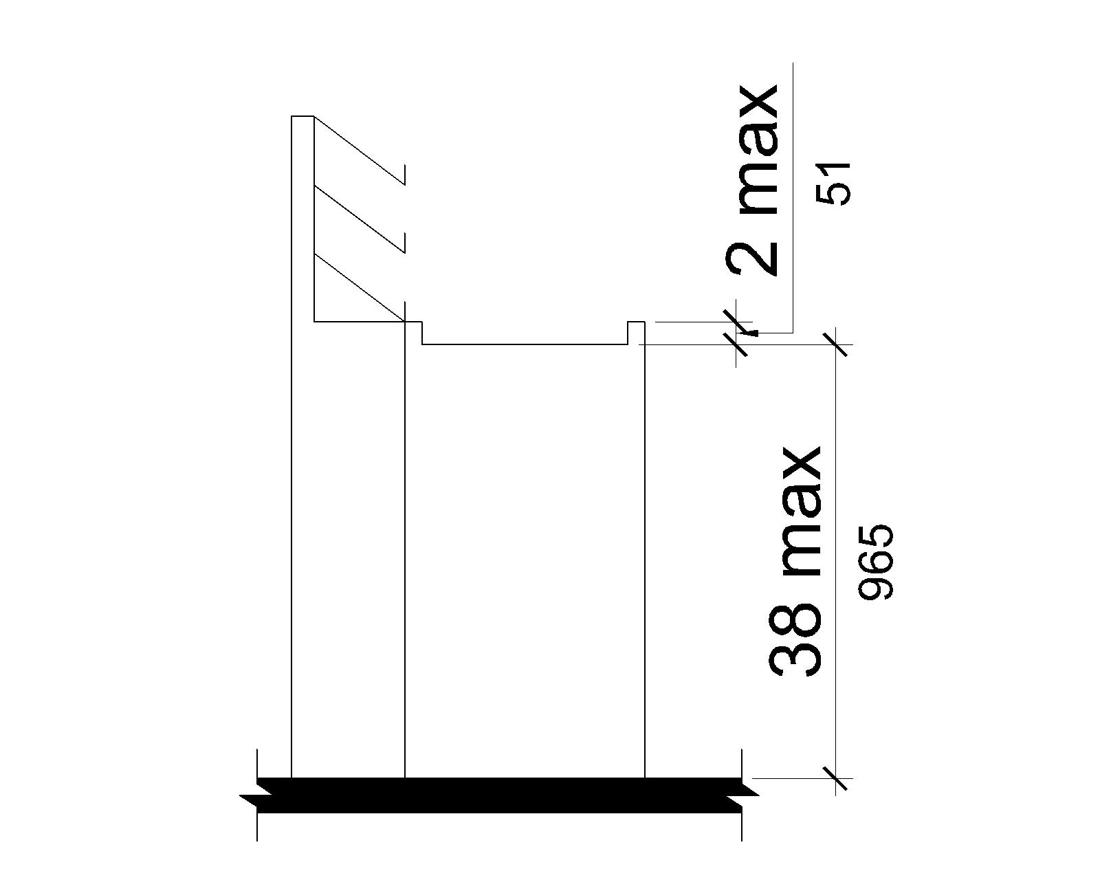 A counter surface is shown in elevation with a maximum height of 38 inches (965 mm) above the deck surface and with edge protection above the surface that is 2 inches (51 mm) high maximum.