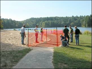 Figure 6---Completed beach path area looking west, shown with temporary barrier for 5-day SEWF curing period. 