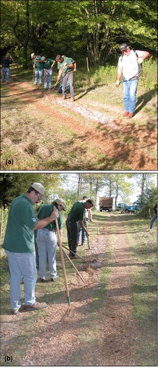 Figure 8---Installation of Soil-Sement surface on bridle path: (a) application of Soil-Sement by backpack-type sprayer; (b) trail crew mixed, leveled, and compacted the narrow trail filled with SEWF.