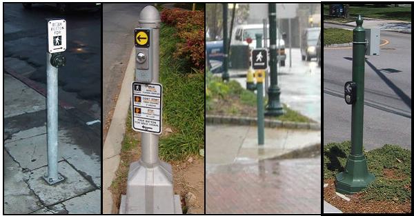 Four photos of poles that are about 4 to 6 inches in diameter and short (less than 4 foot high) with APS installed. First photo shows pole that looks like a pipe installed in sidewalk with a flat base and four bolts into the concrete. Second photo shows a similar pole with a 12 inch square base and a rounded cap on the pole. Third photo show a capped pole just mounted into the concrete. Fourth photo shows a green pole with a flared 12 inch base and a decorative pointed metal cap on the short pole. 