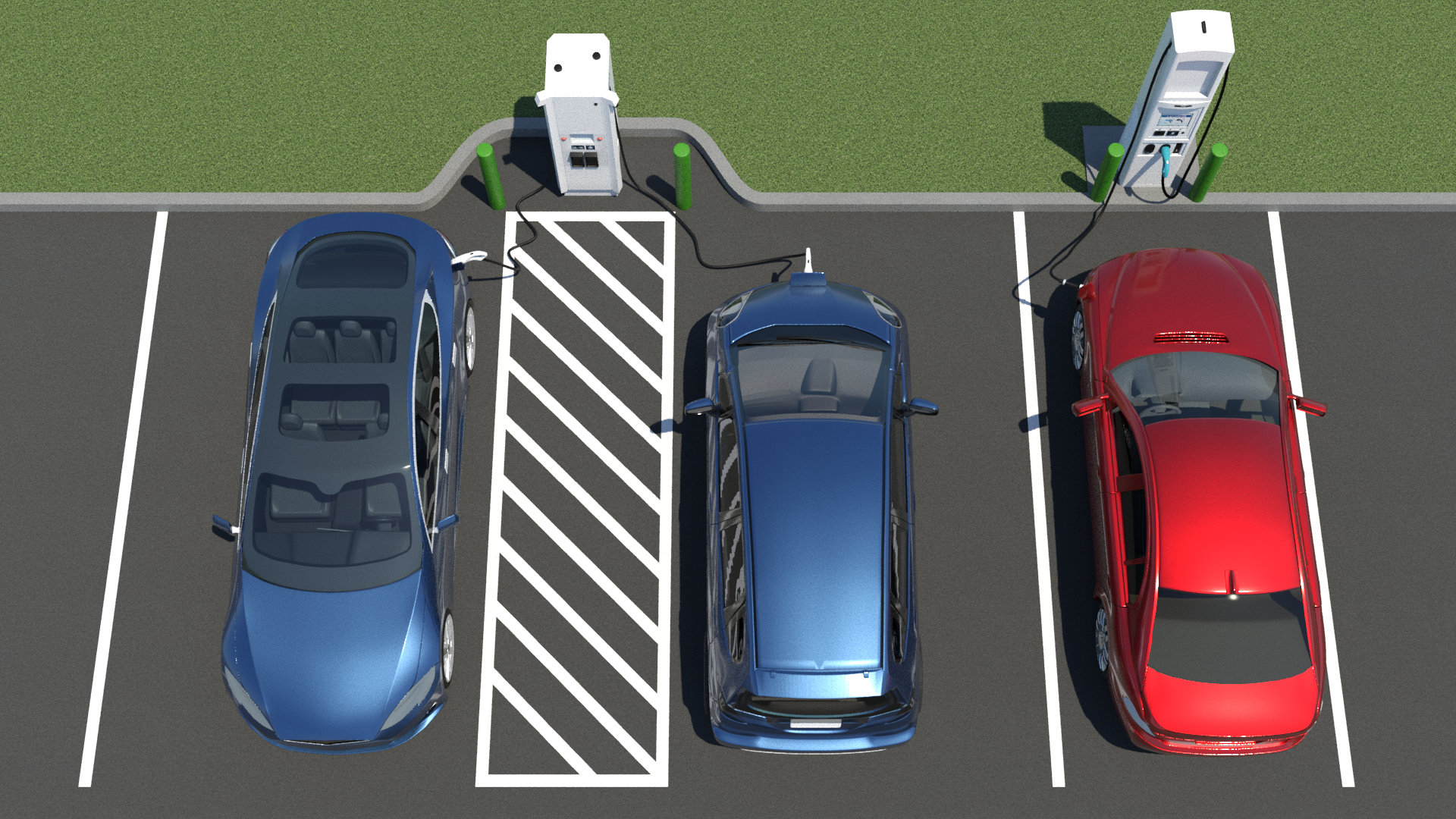One EV charging station with 2 EV chargers. The left EV charger is beyond the access aisle and has 2 charging ports and is plugged into 2 blue vehicles simultaneously. The right EV charger has 2 connectors, and one connector is connected to a red vehicle.