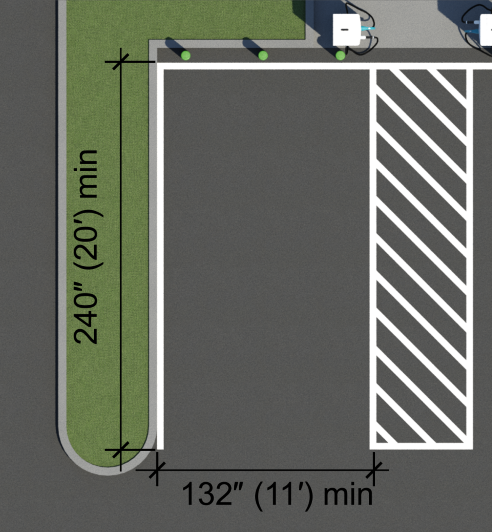 Vehicle charging space 132 inches (11 feet) wide with access aisle on right side. Access aisle is 60 inches (5 feet) wide. Blue car in charging space. EV charger protected by green bollards