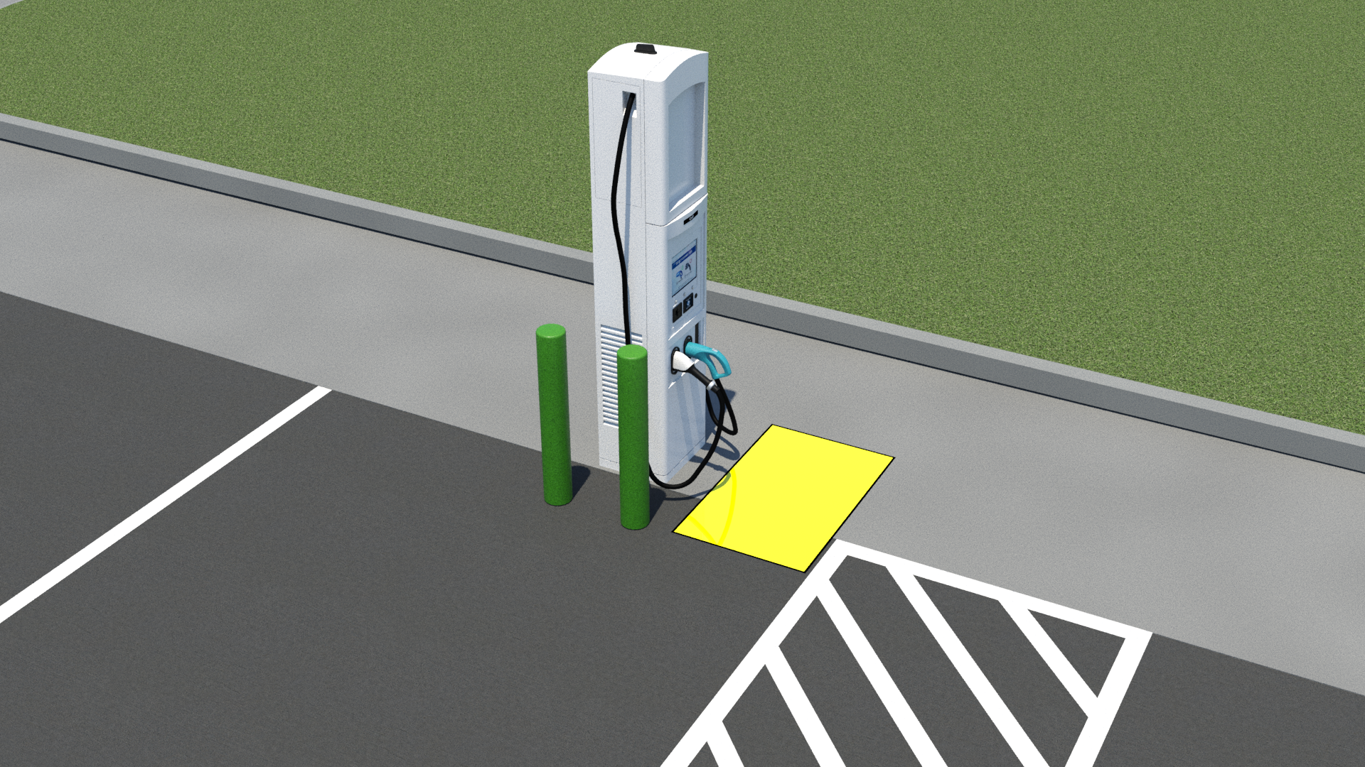 2 green bollards protect side of EV charger which has been rotated so front of EV charger faces access aisle on the right side of the charging space. Yellow rectangle in front of EV charger controls indicates clear floor space. EV charger is placed at center of the vehicle charging space on a flush sidewalk