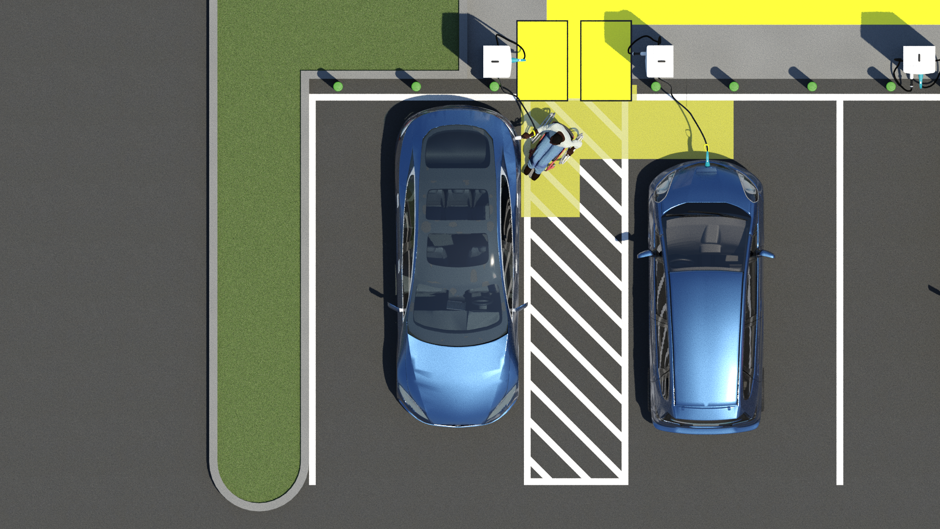 Plan view of two EV charging spaces sharing a center access aisle. Vehicle on the left is backed in to charging space with charger connected to driver side rear charging inlet. Vehicle on the right is pulled forward into charging space with charger connected to front vehicle charging inlet. Both EV chargers are at the head of the charging spaces and protected by green bollards. EV chargers are rotated so they both face the center access aisle. (The EV charger on the left is rotated to face the right and has clear floor space on the right, and the EV charger on the right is rotated to face the left and has clear floor space on the left). 