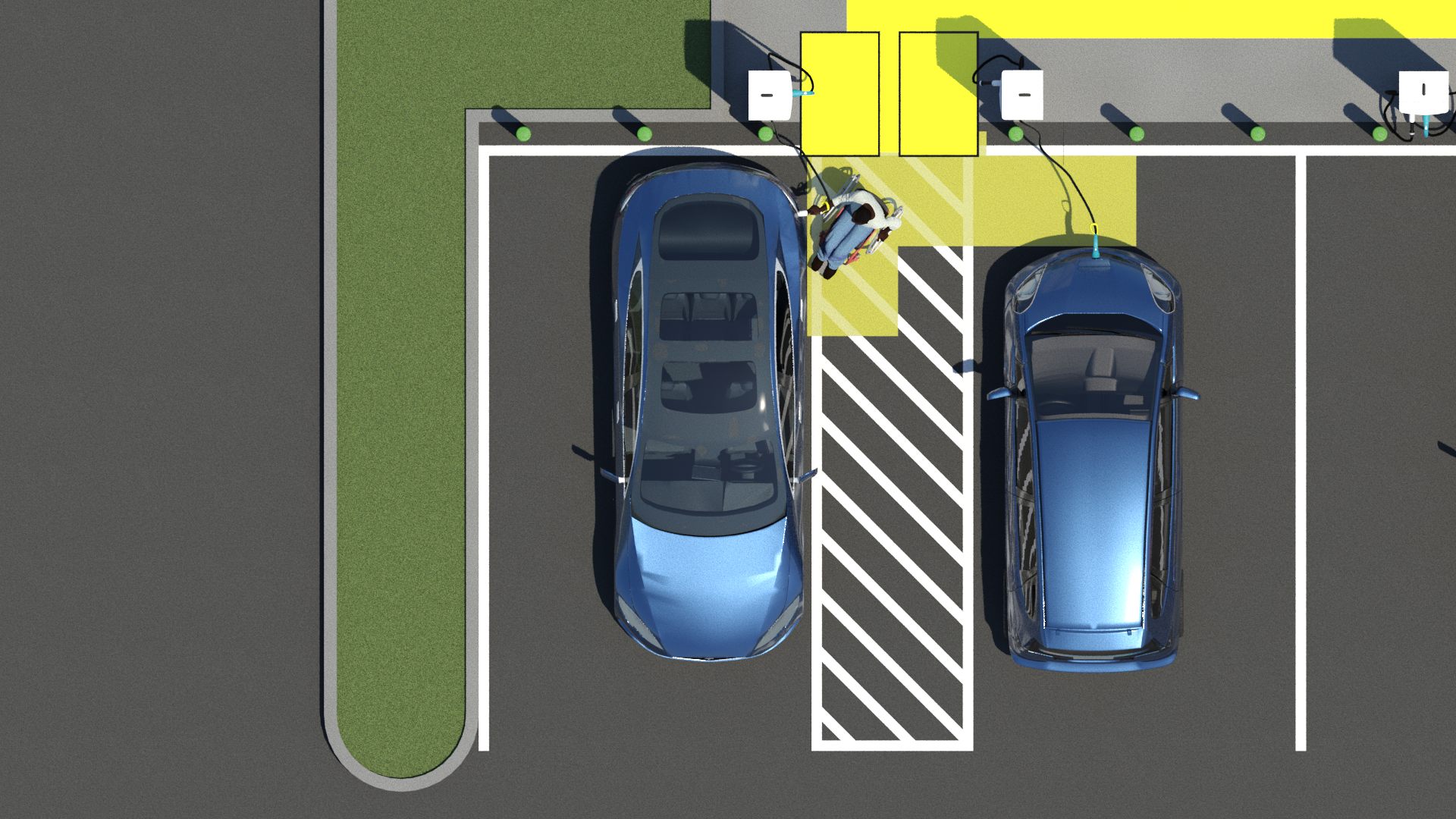 Plan view of two EV charging spaces sharing a center access aisle. Vehicle on the left is backed in to charging space with charger connected to driver side rear charging inlet. Vehicle on the right is pulled forward into charging space with charger connected to front vehicle charging inlet. Both EV chargers are at the head of the charging spaces and protected by green bollards. EV chargers are rotated so they both face the center access aisle. (The EV charger on the left is rotated to face the right and has clear floor space on the right, and the EV charger on the right is rotated to face the left and has clear floor space on the left).