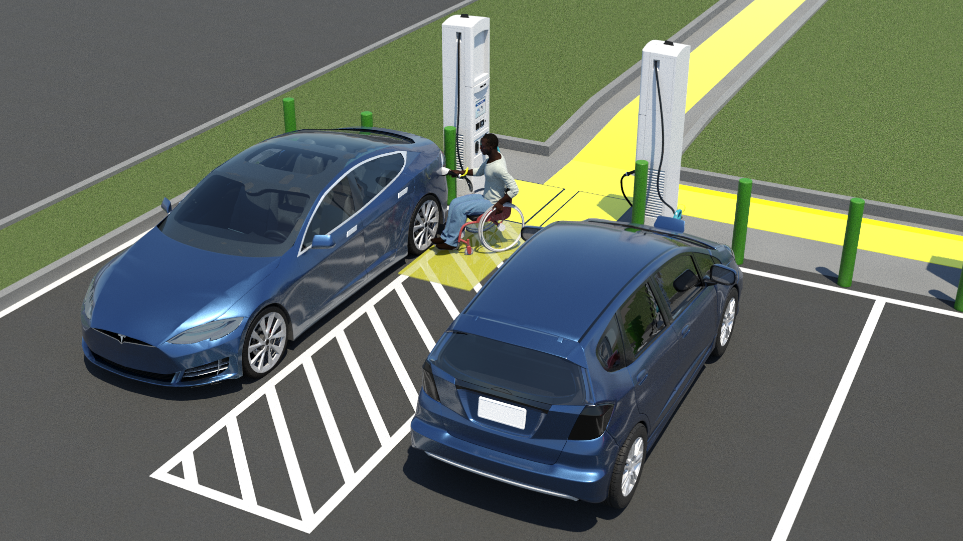 Perspective view of two EV charging spaces sharing a center access aisle. Vehicle on the left is backed in to charging space with charger connected to driver side rear charging inlet. Vehicle on the right is pulled forward into charging space with charger connected to front vehicle charging inlet. Both EV chargers are at the head of the charging spaces and protected by green bollards. EV chargers are rotated so they both face the center access aisle. (The EV charger on the left is rotated to face the right and has clear floor space on the right, and the EV charger on the right is rotated to face the left and has clear floor space on the left). 