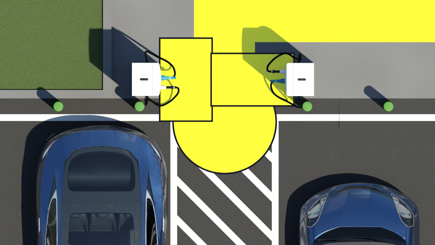 Two EV chargers both facing access aisle. Parallel approach indicated at the EV charger on the left, forward approach indicated at the EV charger on the right. Five foot diameter yellow circle representing turning space overlapping the clear floor space and the access aisle.