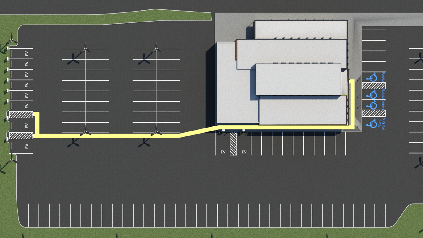 Plan view of a large site with a commercial building in large parking lot. Accessible parking is at the front of the building where the entrance is. 2 EV chargers are on the side of the building. 8 more EV chargers are at the back of the parking lot. An accessible route in yellow connects goes from the access aisles of the accessible chargers at the back of the parking lot, across the parking lot, to the shared access aisle of the accessible chargers on the side of the building, alongside the building, and to the front entrance.