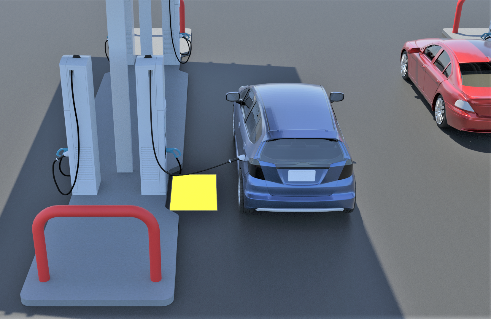 A blue EV with charging islands on the left. The EV charger is installed upon a curb. Curb cut outs are in front all EV chargers at the island. A yellow rectangle indicates a clear floor space at the curb cut out that is positioned adjacent to the EV charger.