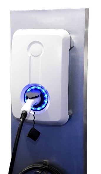 white EV charger with no buttons or display screens, only a plug with a ring of blue lights