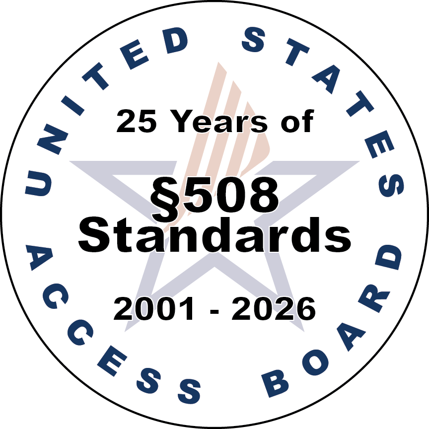 Text overlaying the Access Board logo reads:25 years of section 508 standards, 2001-2026.