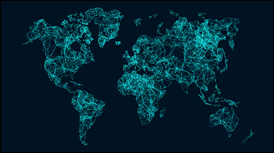 Map of Earth with countries are outlined and filled with nodes and connectors