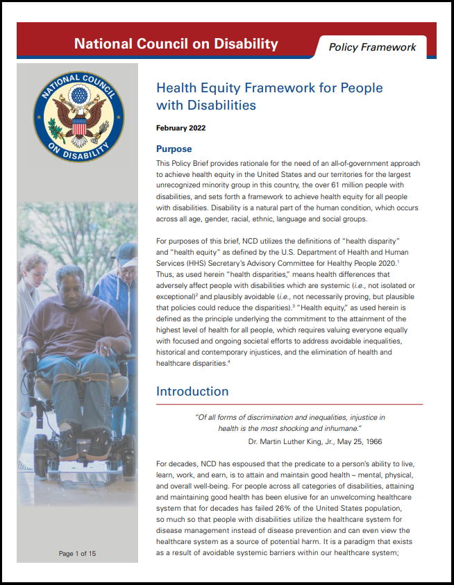 Image of first page of NCD's Health Equity Framework