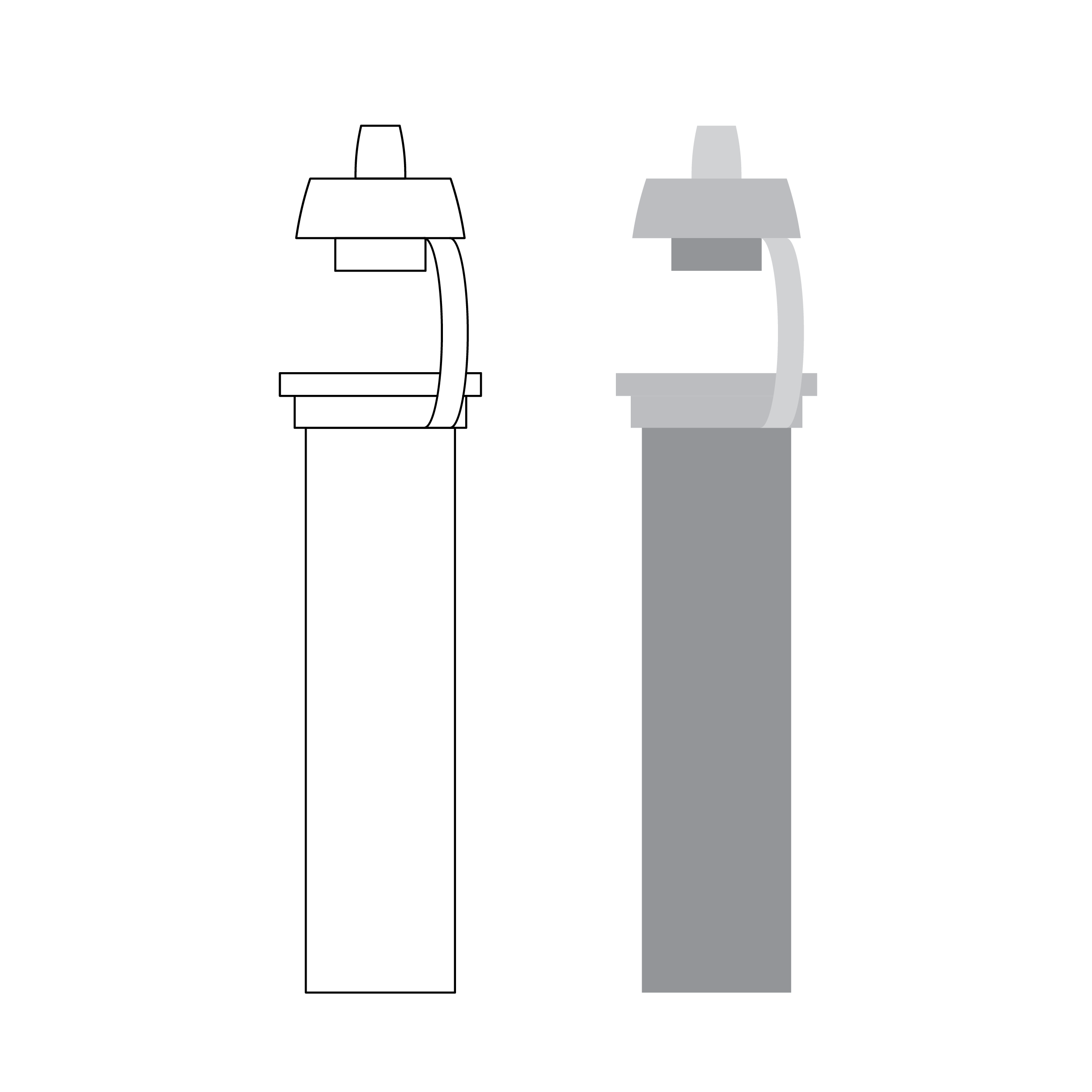 Two-dimensional line drawing of a fluid vial with thin black lines and a two-dimensional illustration of a fluid vial using color fills of two shades of gray.