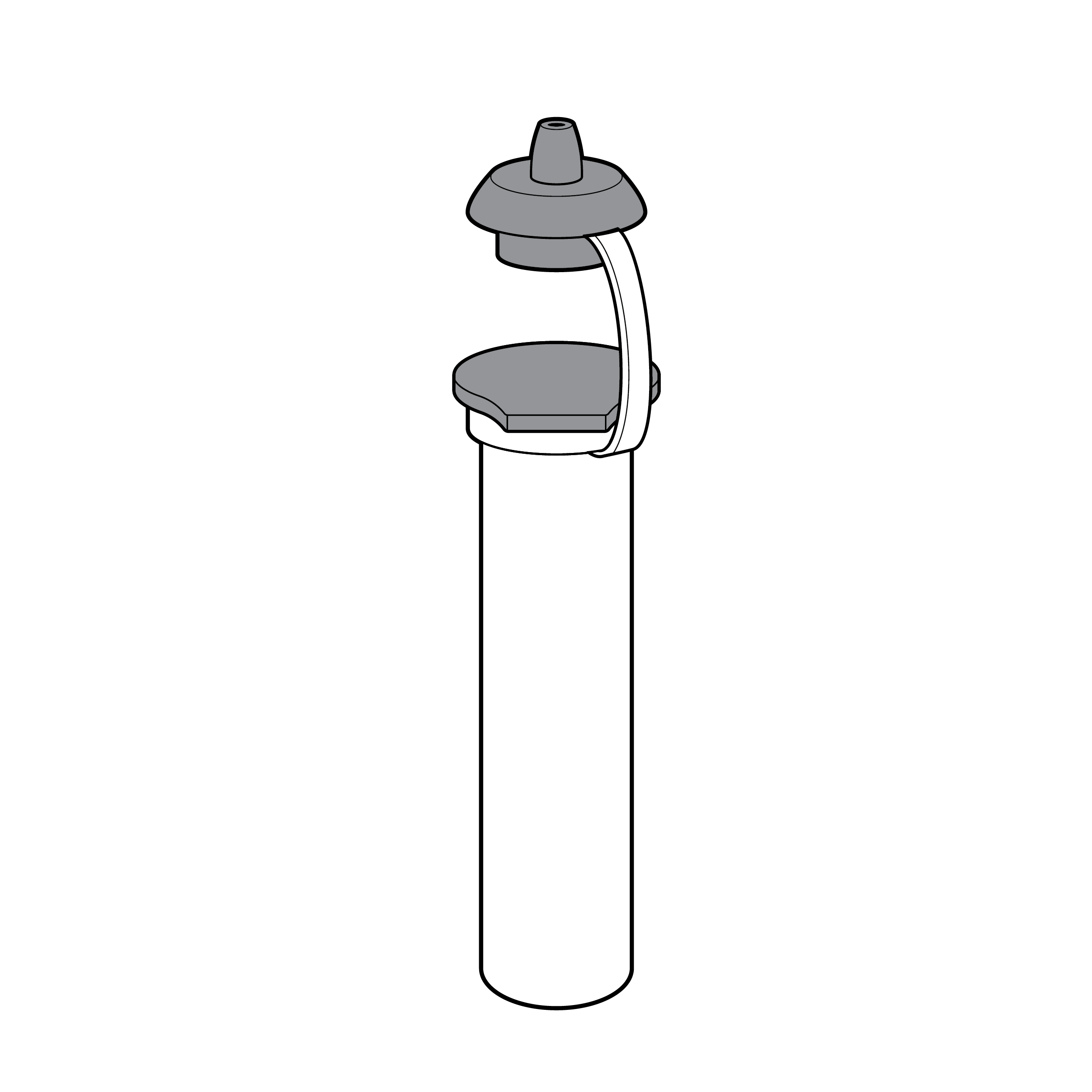 Perspective line drawing of a fluid vial with thick black lines and shading.