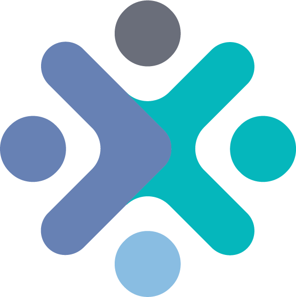 RADx Accessibility Logo, which is abstract representation of four people with arms raised.  Four circles (each with a different color) at compass points of large rounded capital ex (using two of the colors).
