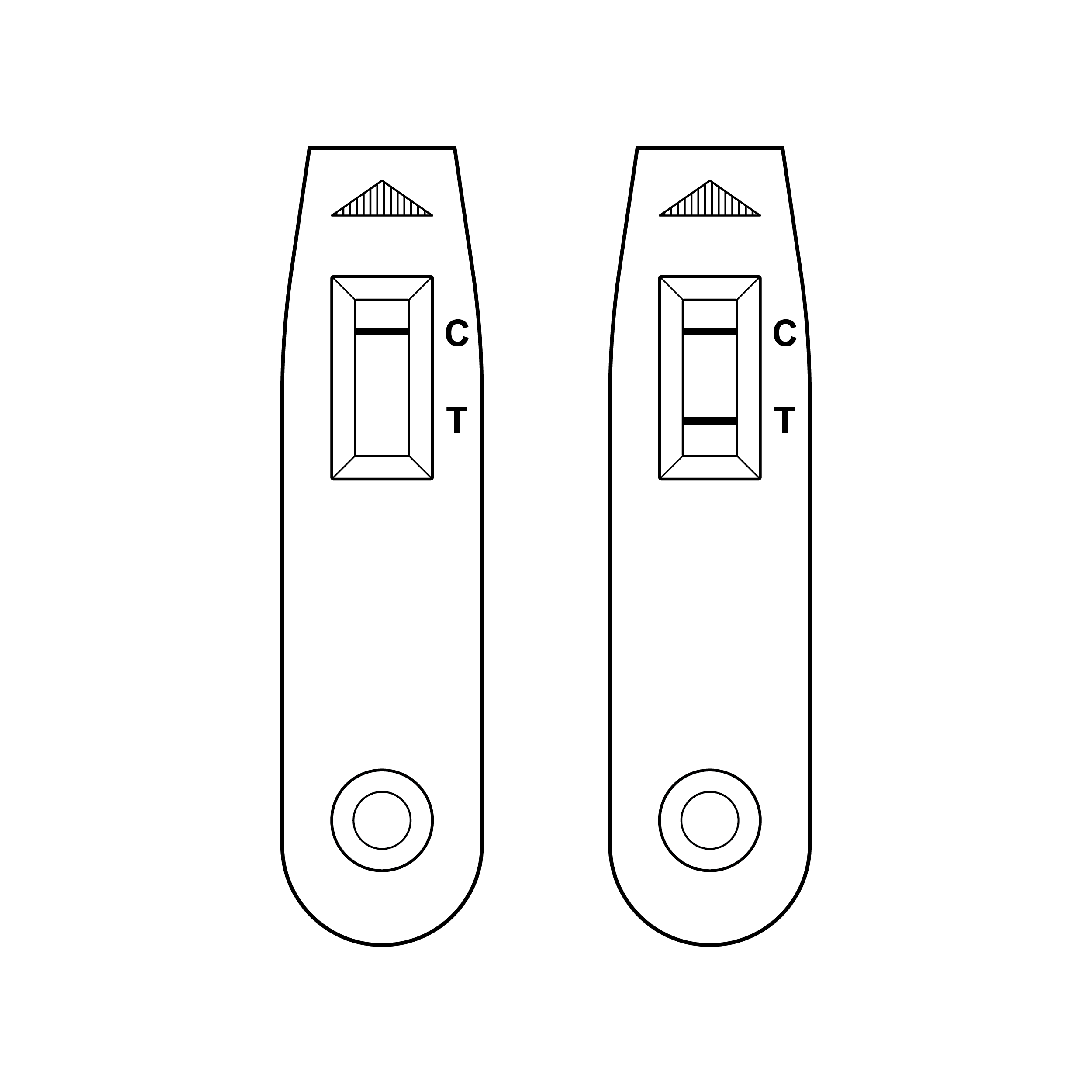 Two cassettes with results window labeled with large C and T in highly contrasting color against the cassette body. On the left, the control line is activated in dark contrast against the test strip. On the right, both the control and test lines are activated in dark contrast against the test strip.