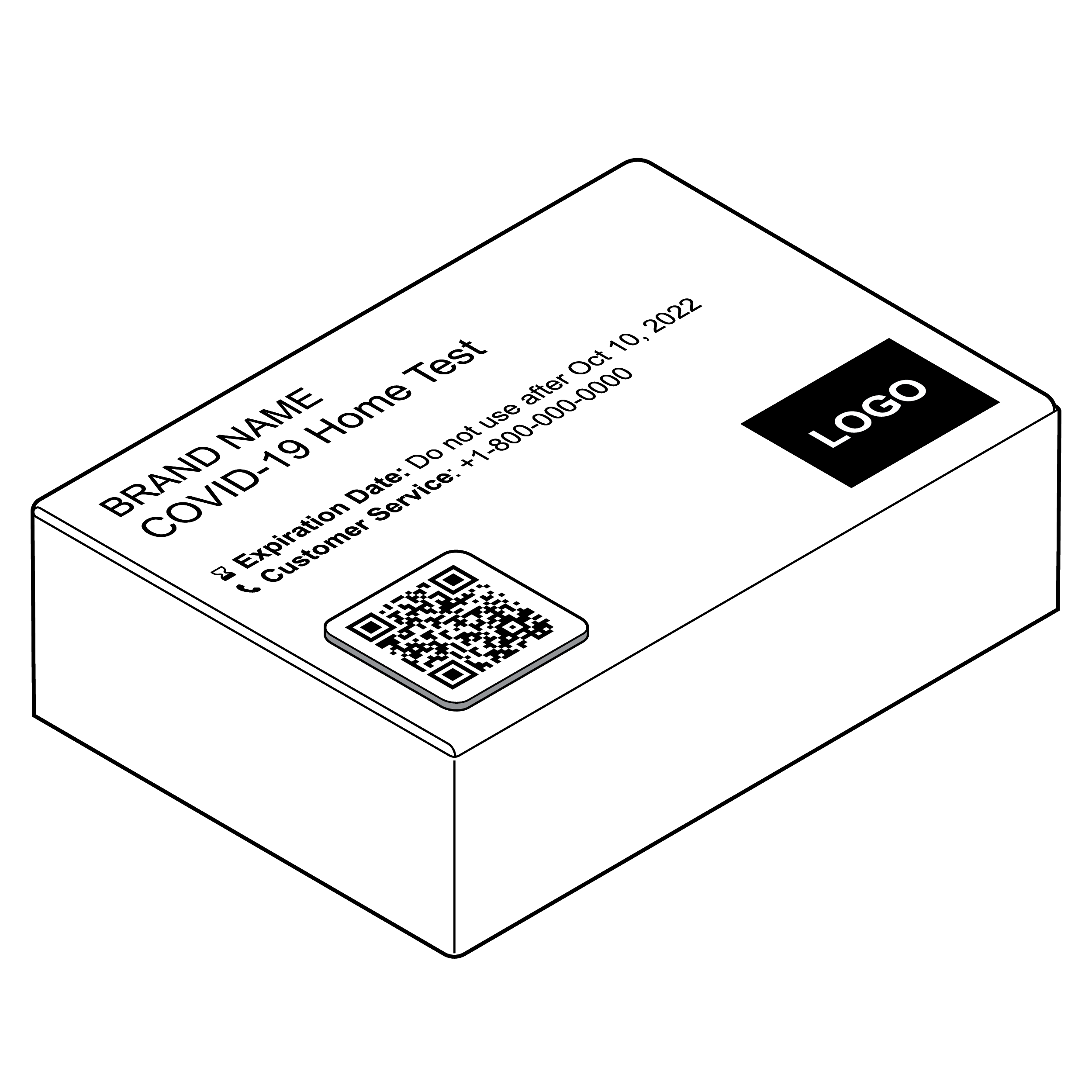 Line drawing of a box with clearly visible text, logo, and QR code.