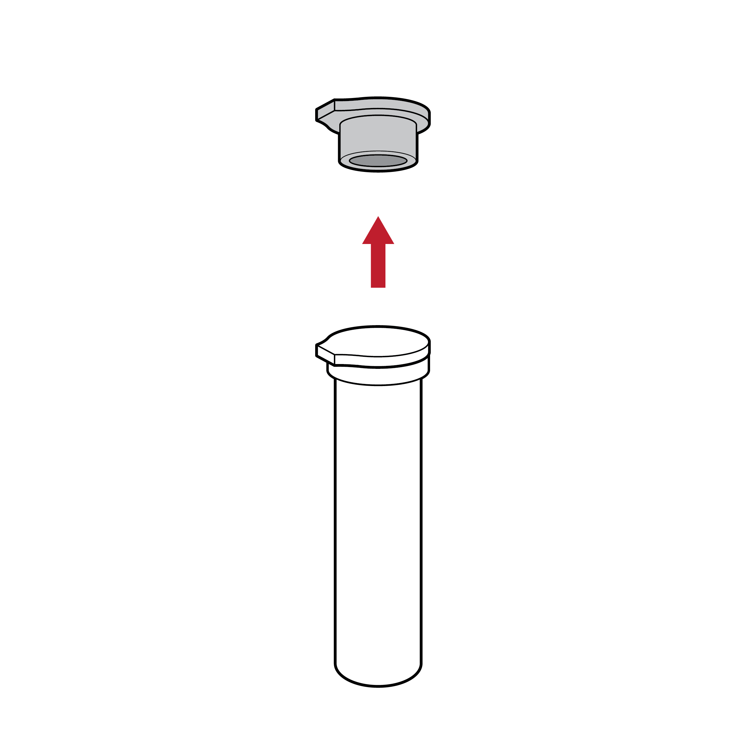 Cylindrical fluid vial with cap. An arrow pointing upwards indicates the cap is removed by a linear push motion. Cap has very small lip for pushing off.