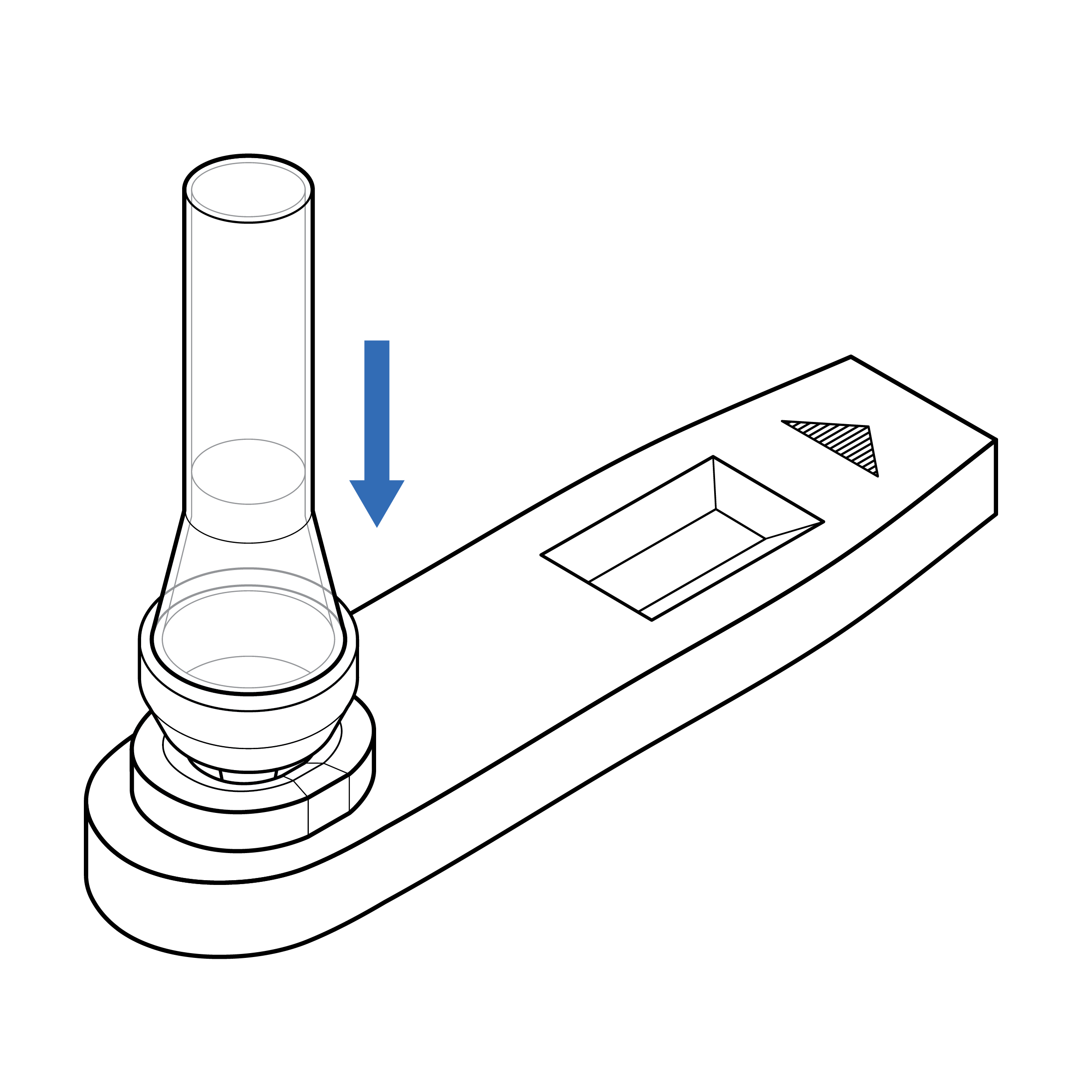 Vial in a vertical orientation, with the dropper cap pointed downward and aligned to a mating feature on the cassette. The mating feature is a raised sample well that aligns the dropper cap to the sample well. A blue arrow indicates that the two parts have been aligned correctly.