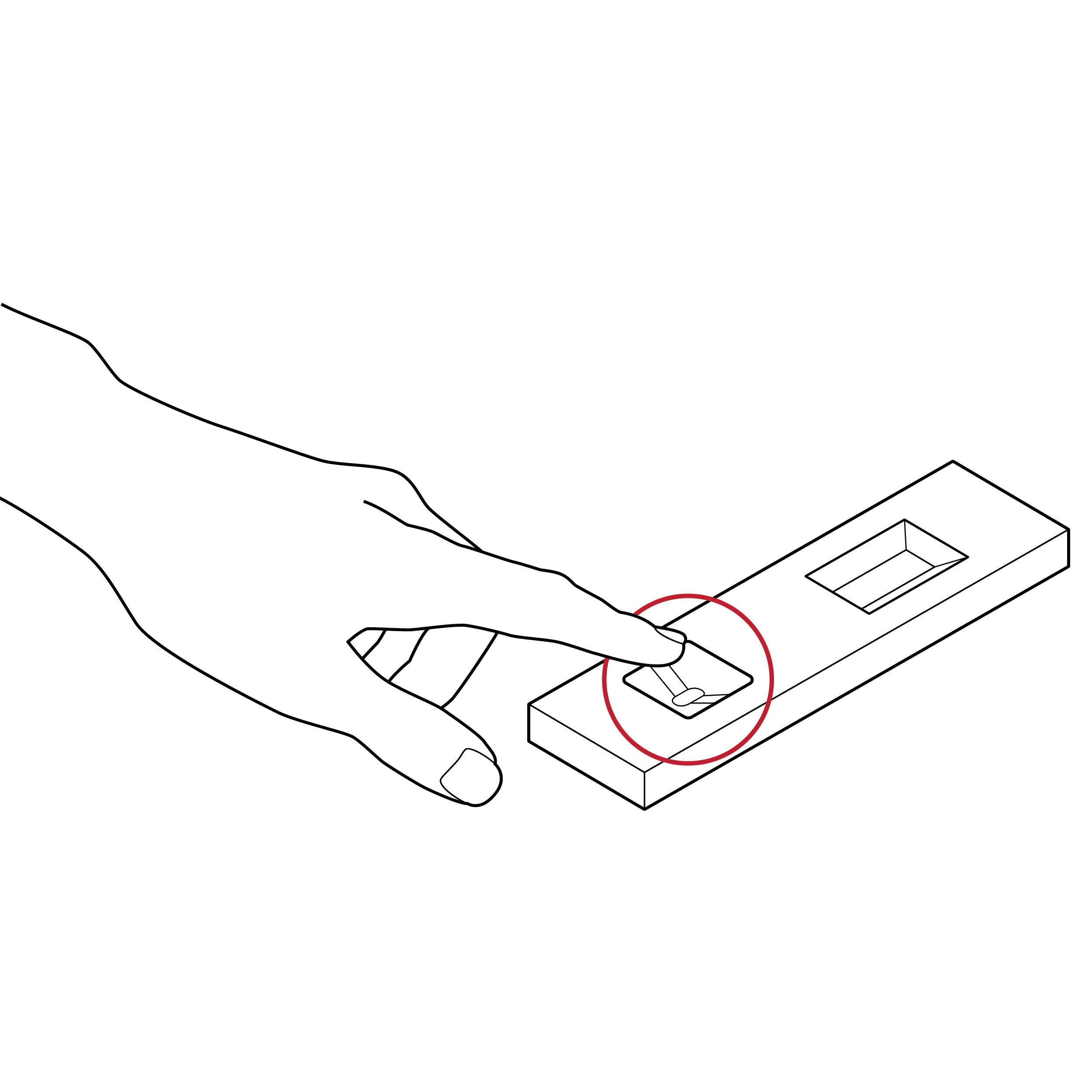 Cassette is shown with a finger approaching the recessed sample well area. A red circle around the sample well indicates this could be a spot for contamination and should not be touched by the user.