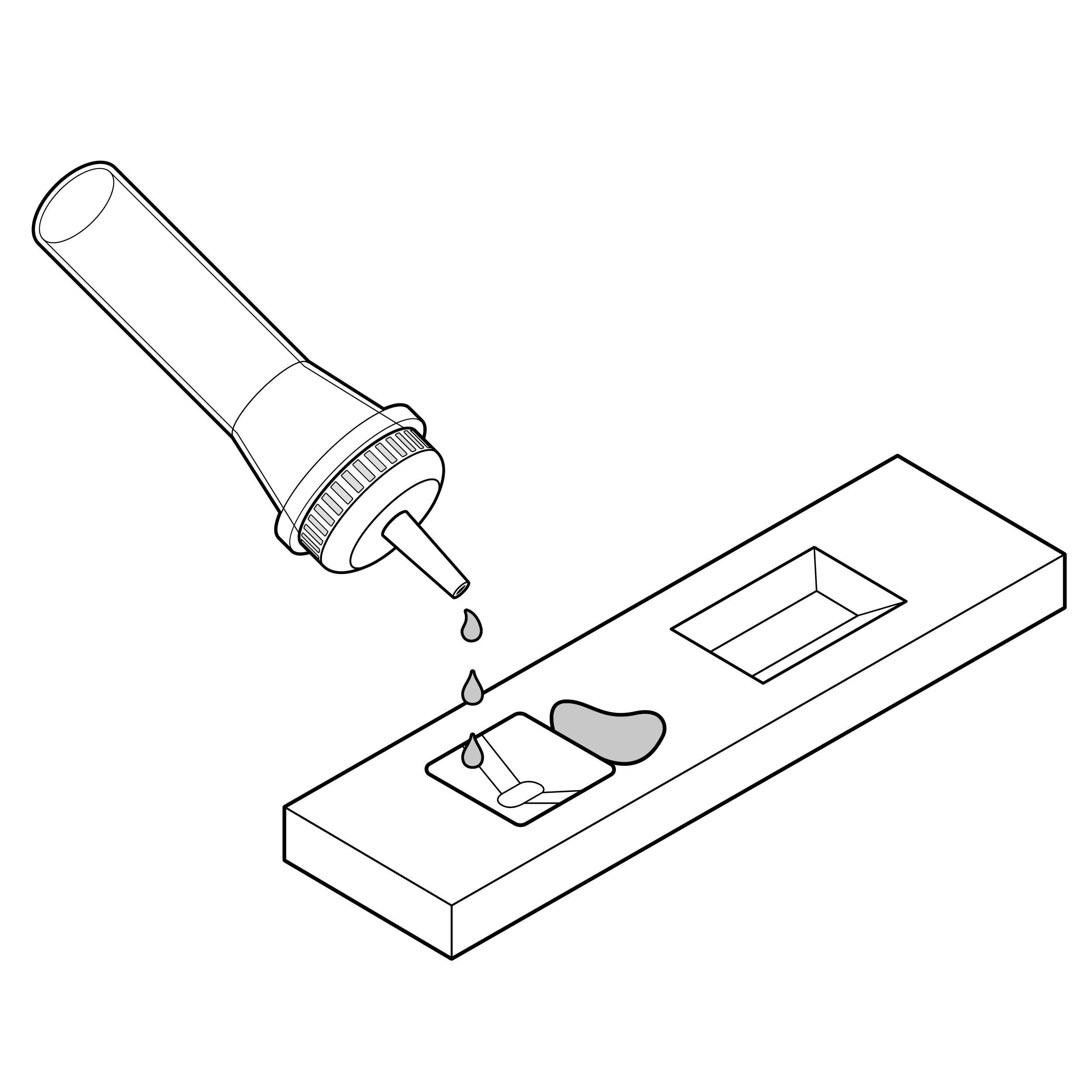 Vial dispensing drops into the sample well of a cassette. The well feature is recessed into the body of the cassette, and the fluid drops have spilled outside of the well feature.