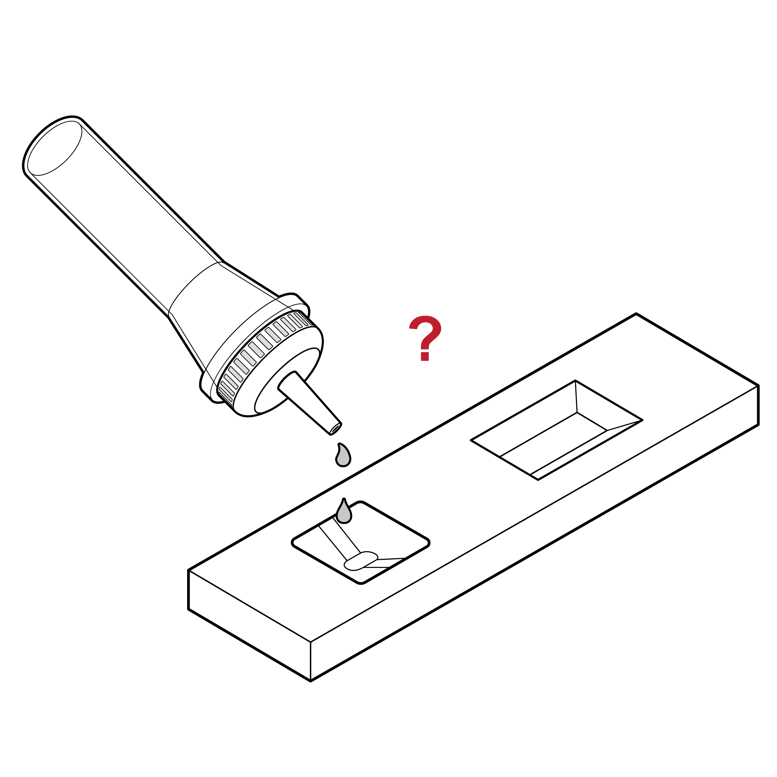 Vial dispensing drops into the sample well of a cassette. The well feature is recessed into the body of the cassette, with no indication of where to dispense the drops or the quantity.