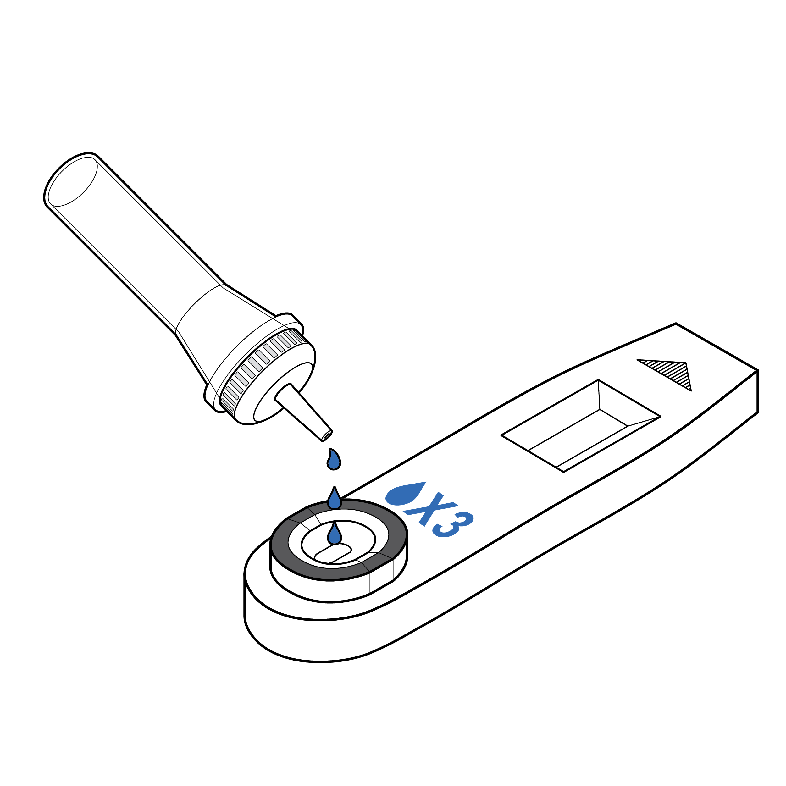Cassette with raised feature and a dark ring around sample well. Printed above the sample well on the cassette is a droplet icon with 'X 3' next to the icon.