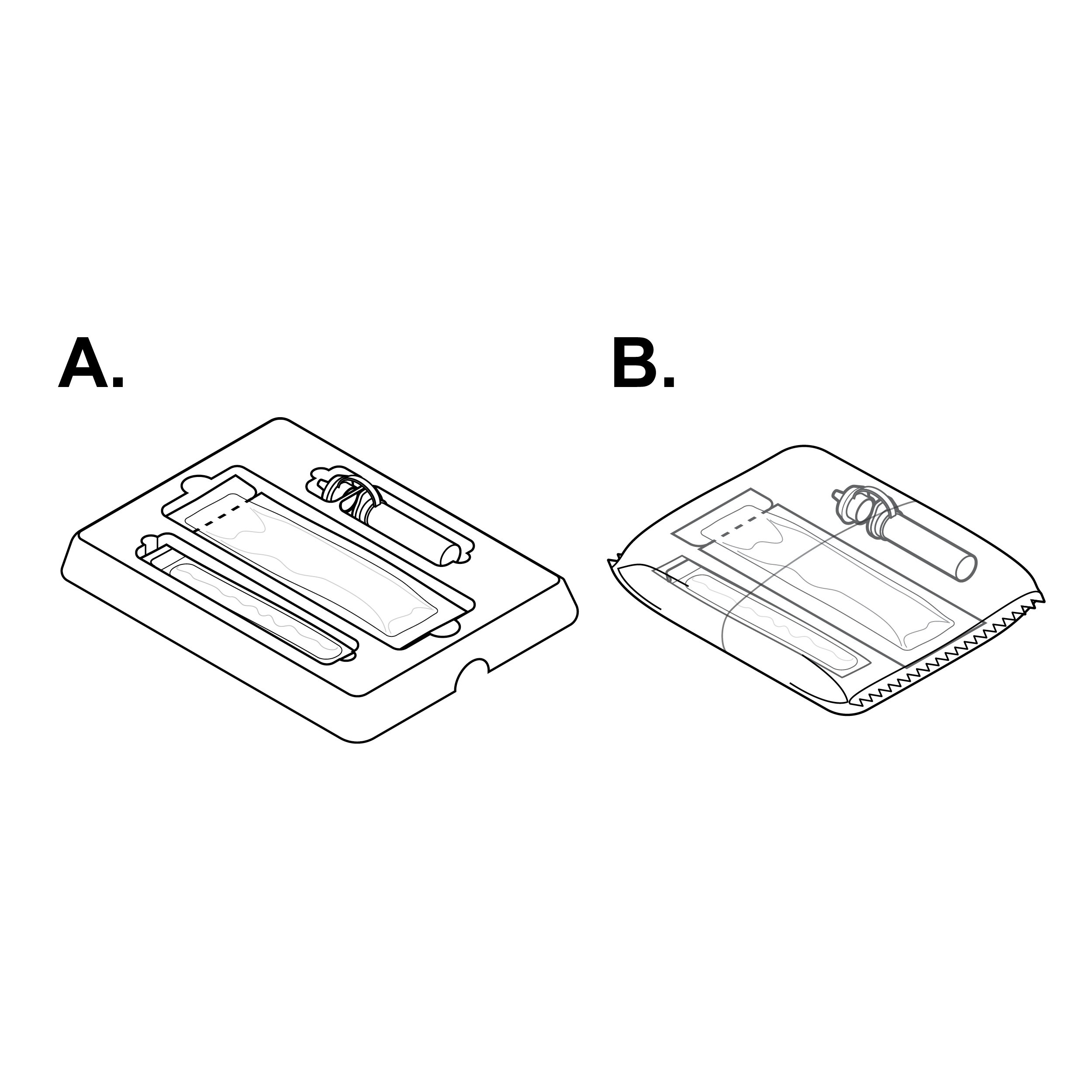 Test kit contents neatly stacked in trays with test instructions at the top-most layer and kit components in a tray underneath.