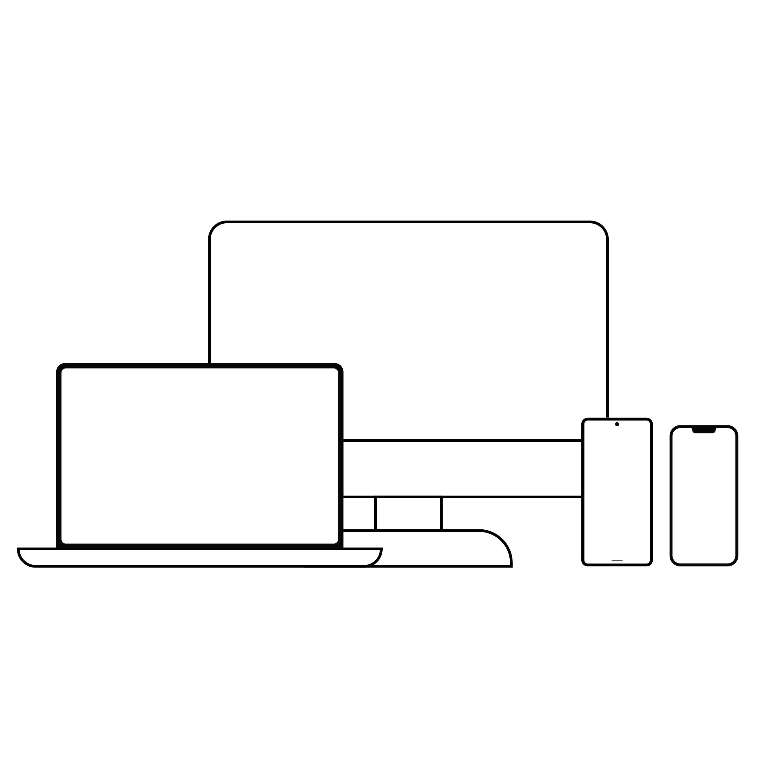 Line drawings of a desktop computer, laptop computer, Android mobile phone, and an Apple mobile phone.