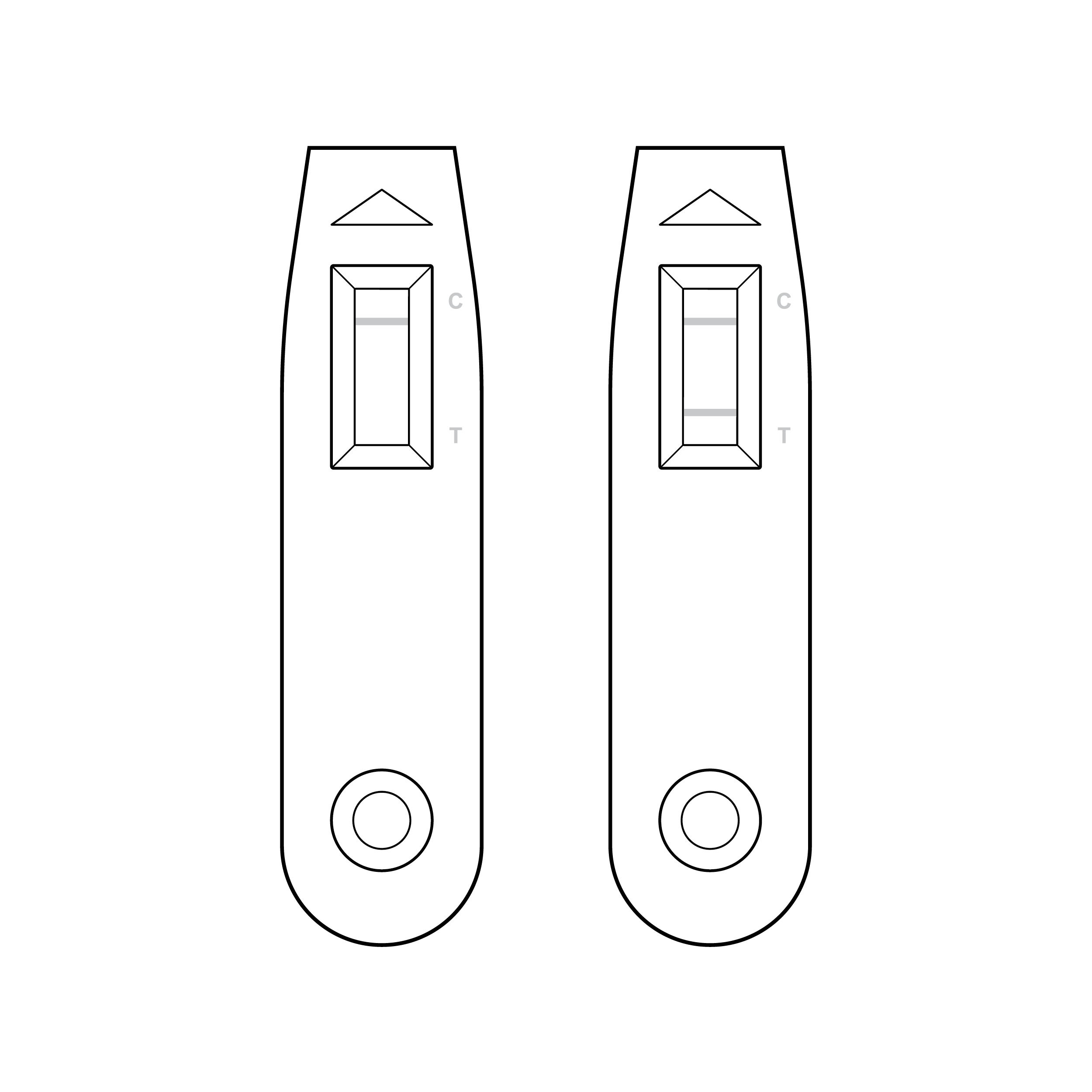 Two cassettes with results window labeled with small C and T in lightly contrasting color against the cassette body. On the left, the control line is activated in light contrast against the test strip. On the right, both the control and test lines are activated in light contrast against the test strip.