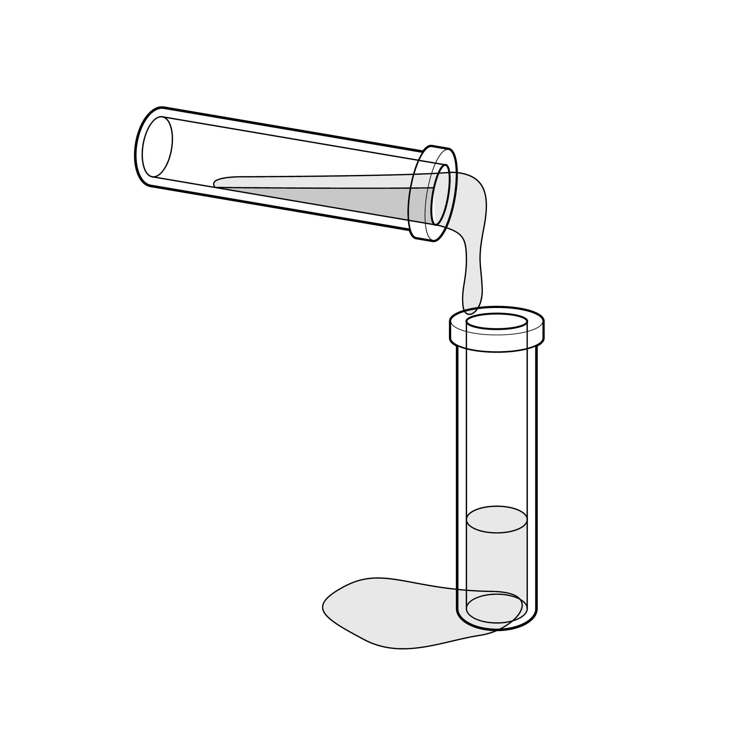 Fluid is pouring from one cylindrical vial into another. Fluid around the base of the second vial indicates the fluid has spilled.