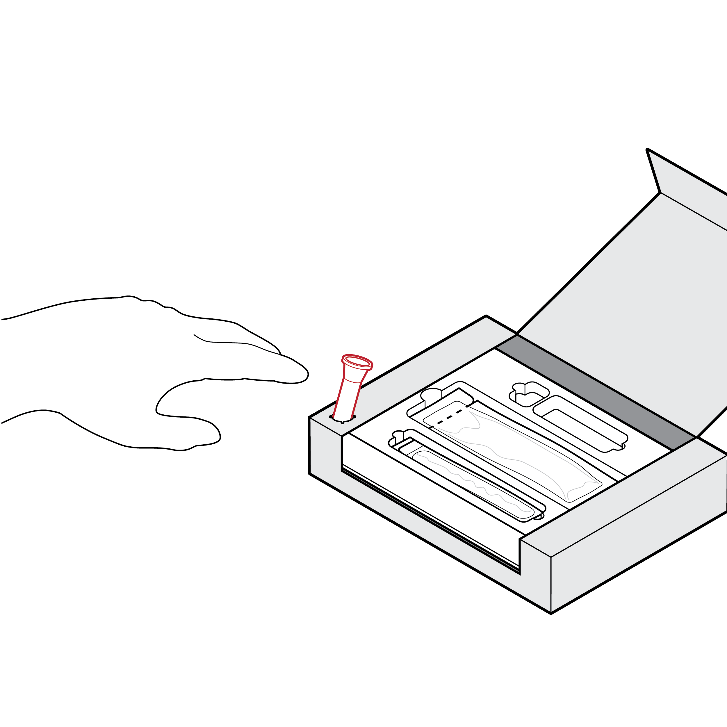 A package with fluid vial placed in front corner of box. The box has a tray with other components placed inside. A hand is shown bumping into the vial, and the vial is outlined in red to indicate a nonideal placement in the tray.
