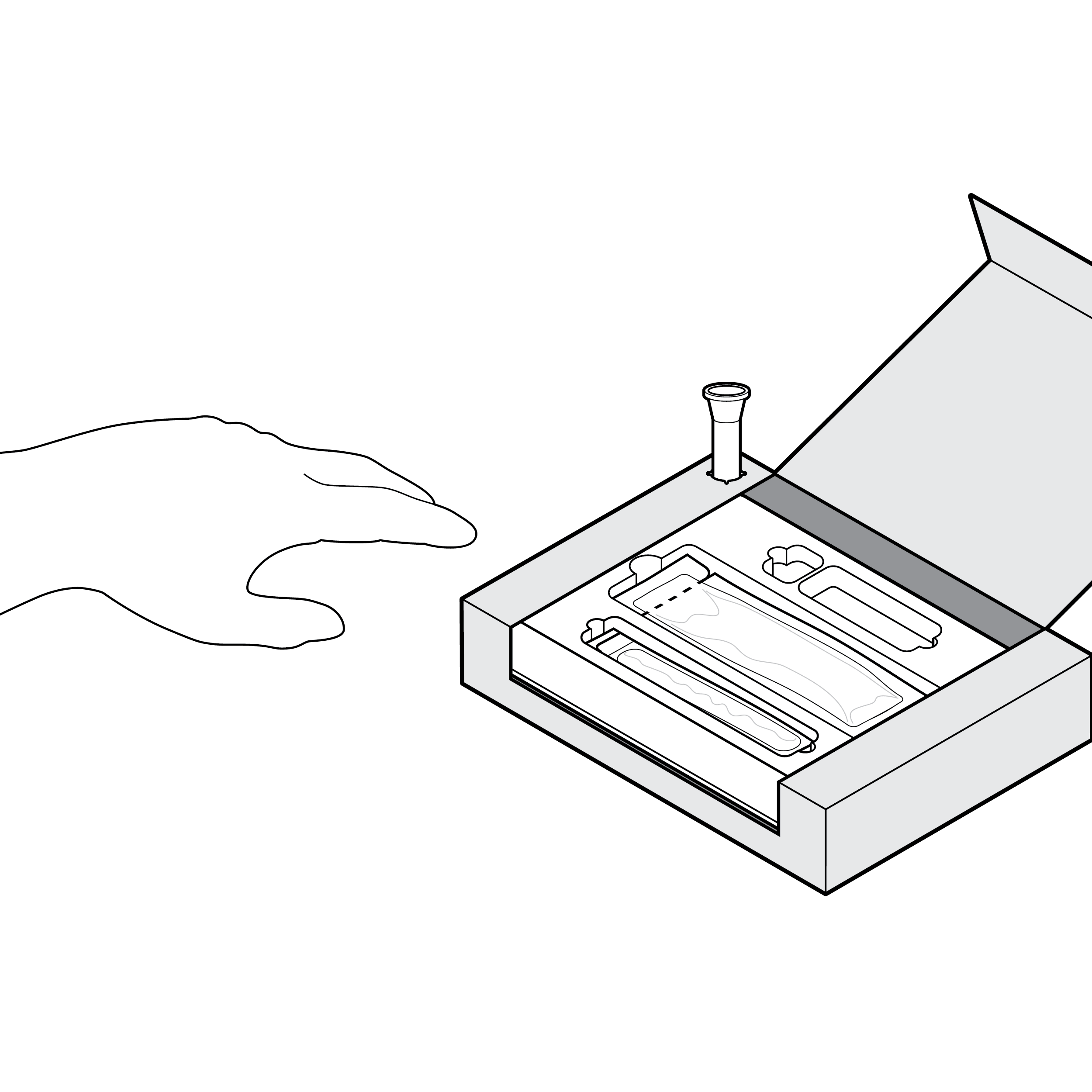 A package with fluid vial placed in back corner of box. The box has a tray with other components placed inside. A hand is reaching toward the tray components. The vial is suitably placed so it will not be backtracked over during the workflow.