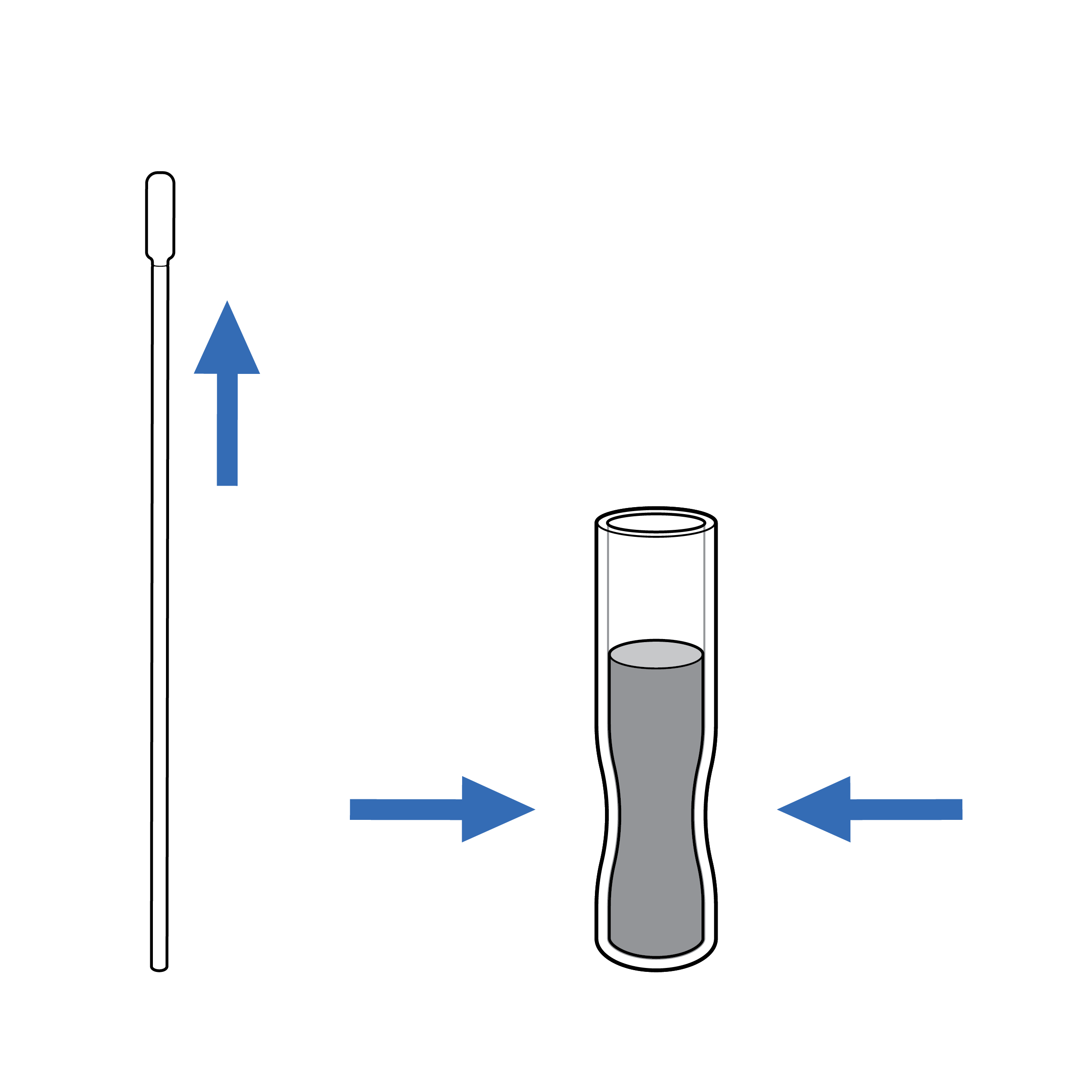 Line drawings of a swab and fluid vial with blue arrows.