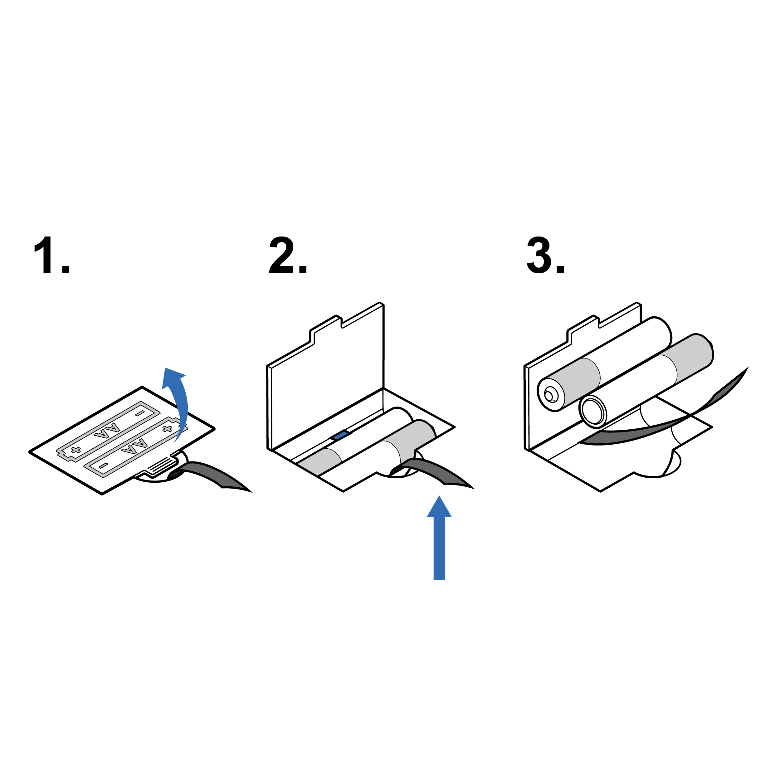 Series of three illustrations showing the battery compartment. The first shows a large opening tab and large divot, allowing finger clearance. An arrow indicates the door opens upward. The second shows the compartment door open, with two batteries laying on top of a ribbon. An arrow indicates the ribbon is pulled upward. The third shows the ribbon pulled taught and the batteries free from the battery compartment.