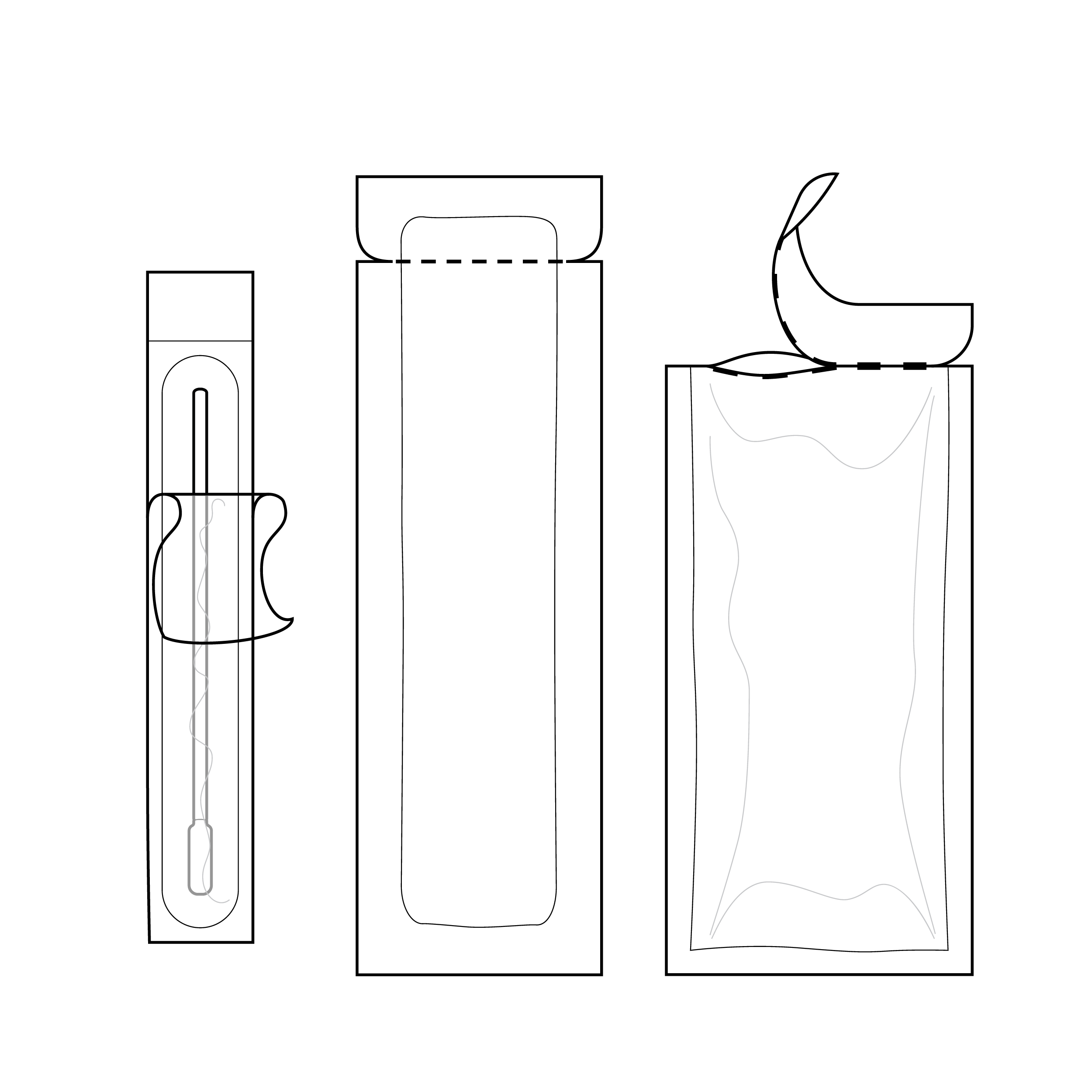 Line drawings of swab pouch, cassette pouch, and fluid vial pouch.