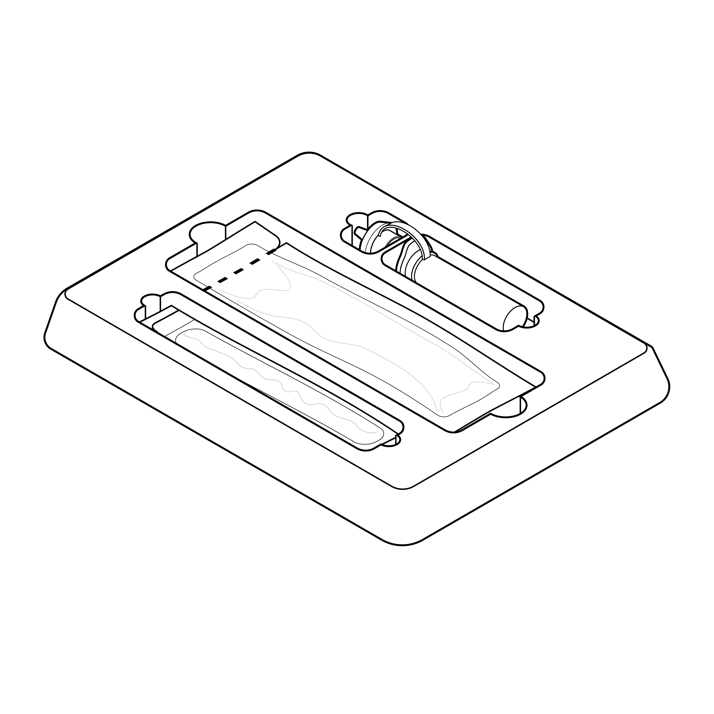 An internal tray with pockets for two pouched items and a dropper vial. There is no labeling on the tray or items.