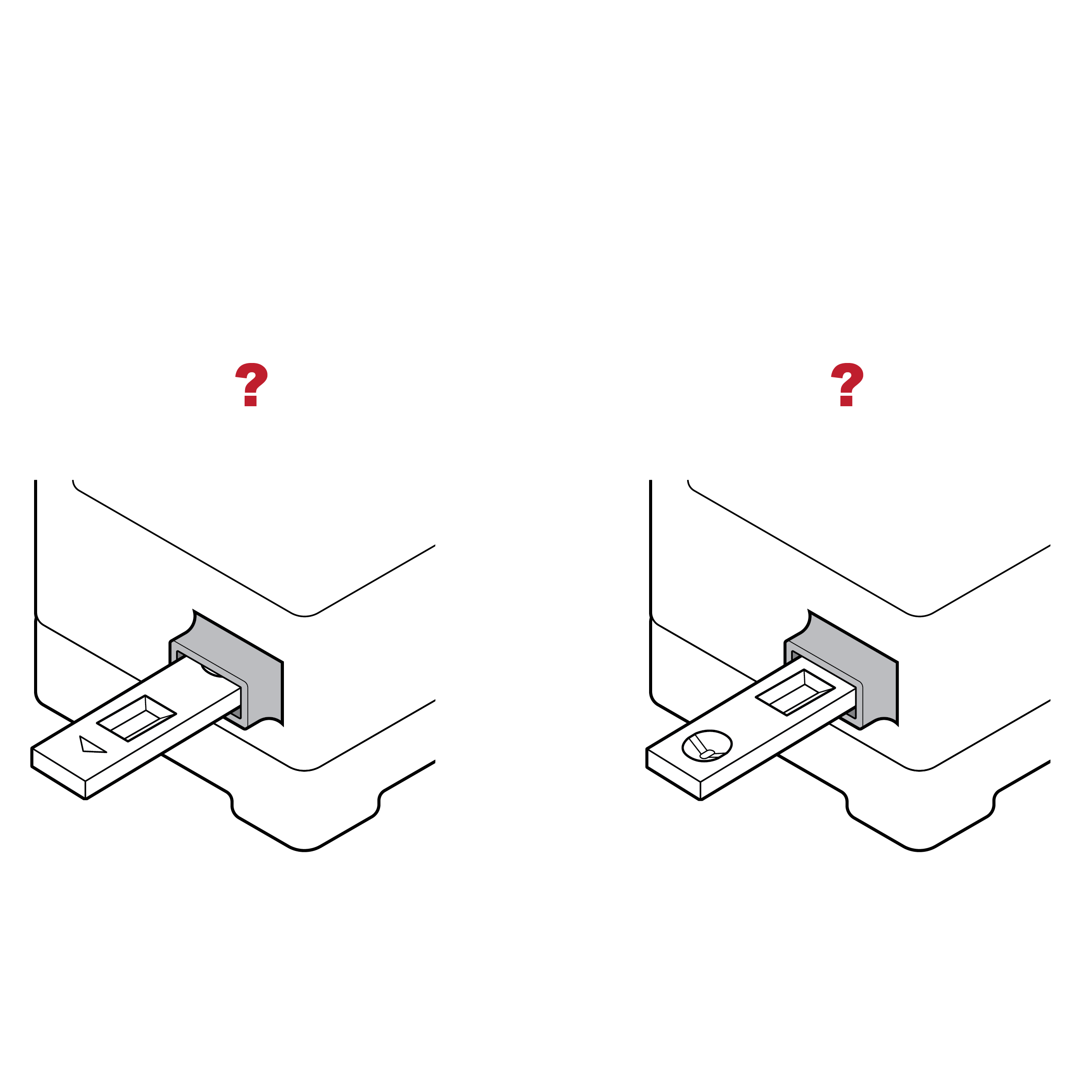 On the left, a cassette is inserted into a test reader in the incorrect orientation. On the right, a cassette is inserted into a test reader in the correct orientation. Above each test reader is a red question mark, indicating a lack of feedback to the user on correct insertion of the cassette.