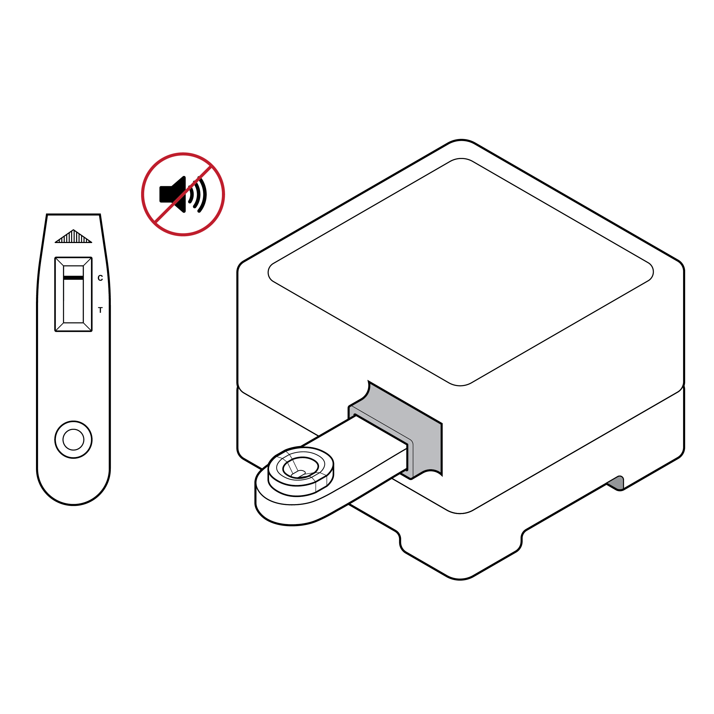 On the left, a cassette with results window showing a line next to the control mark. On the right, a test reader with a cassette inserted. No audio/sound symbol indicates absence of audible feedback.