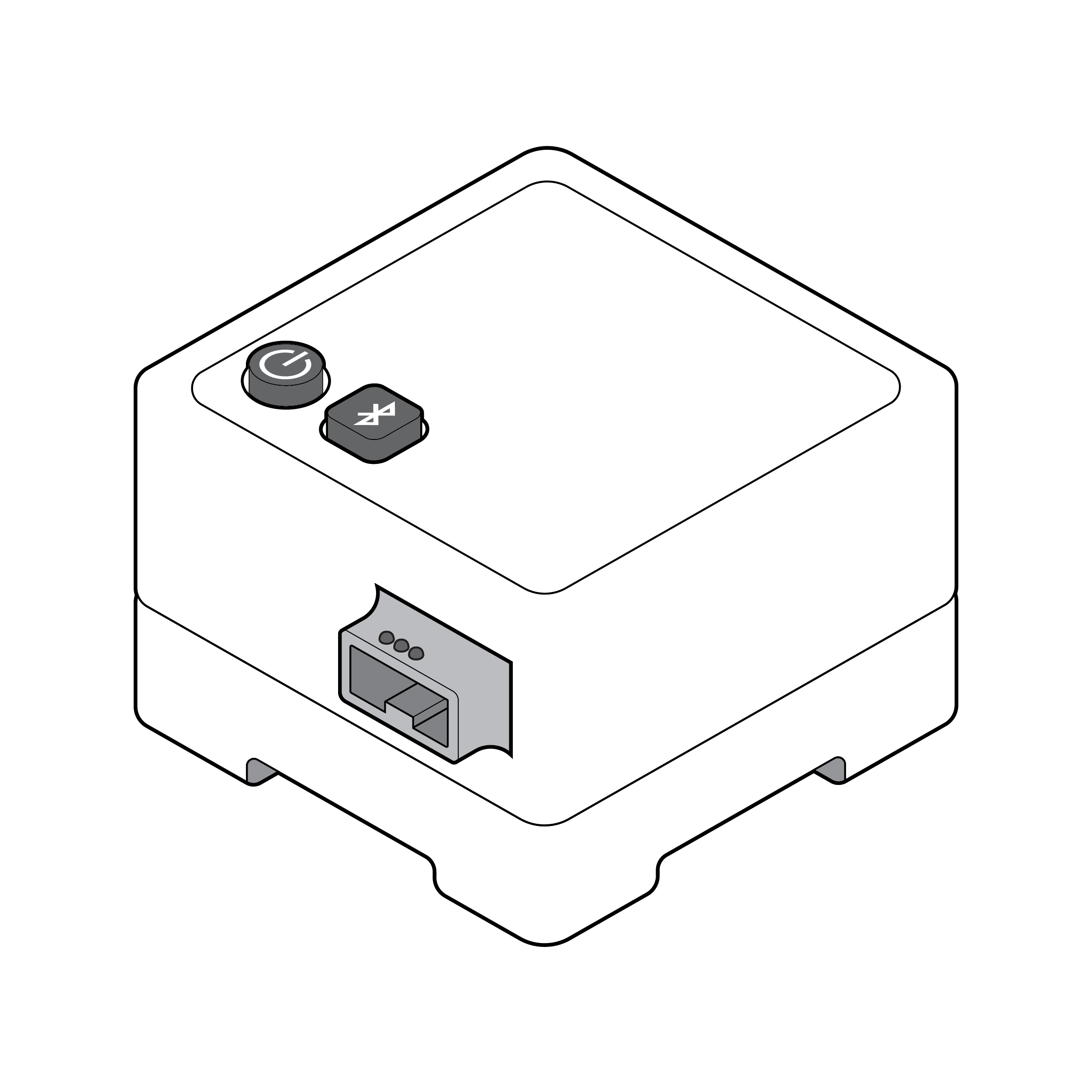 Test reader with two relatively large, raised buttons on the top face labeled with high-contrast symbols. The button on the left has a power symbol and the button on the right has a Bluetooth symbol.