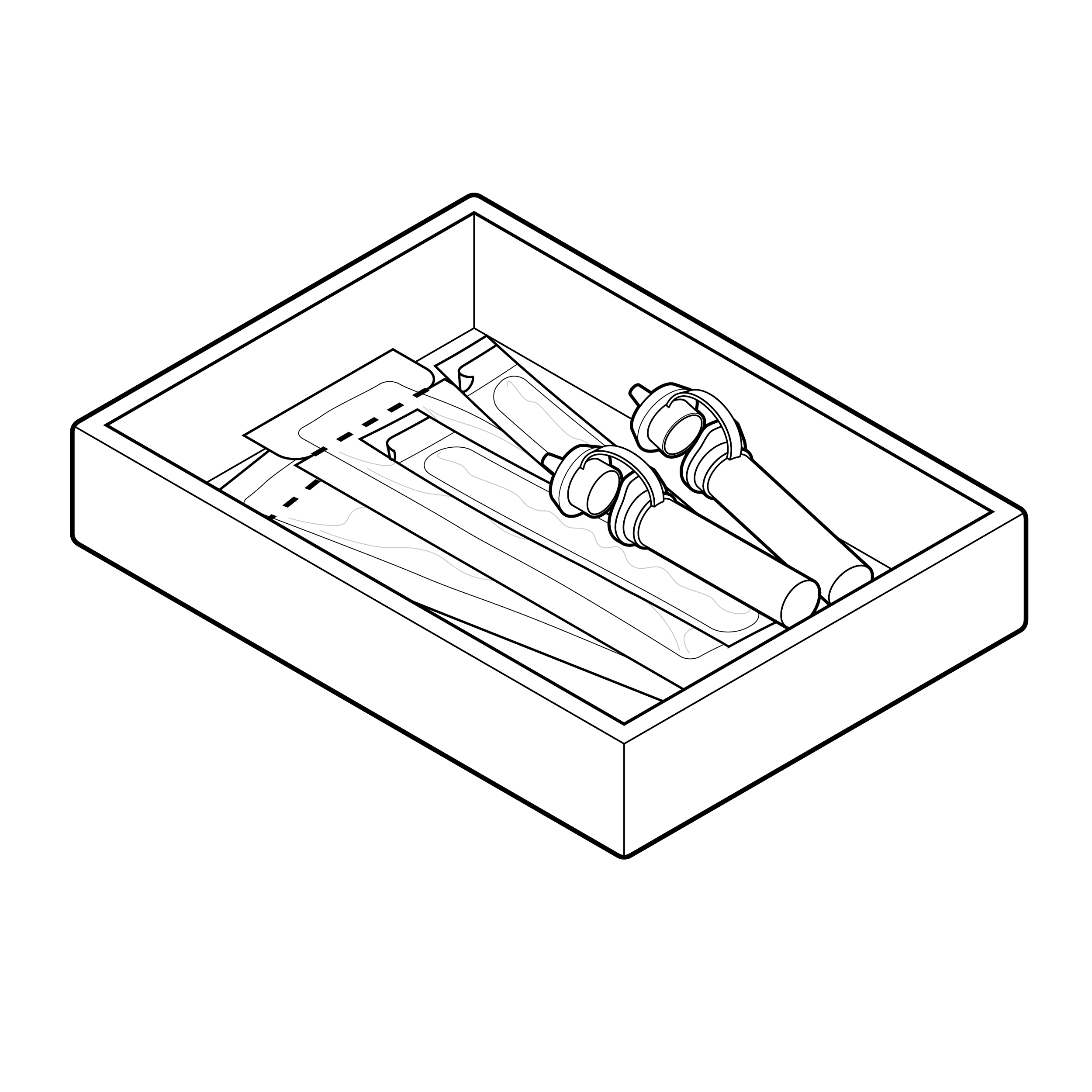 Open test kit box with loose components inside.