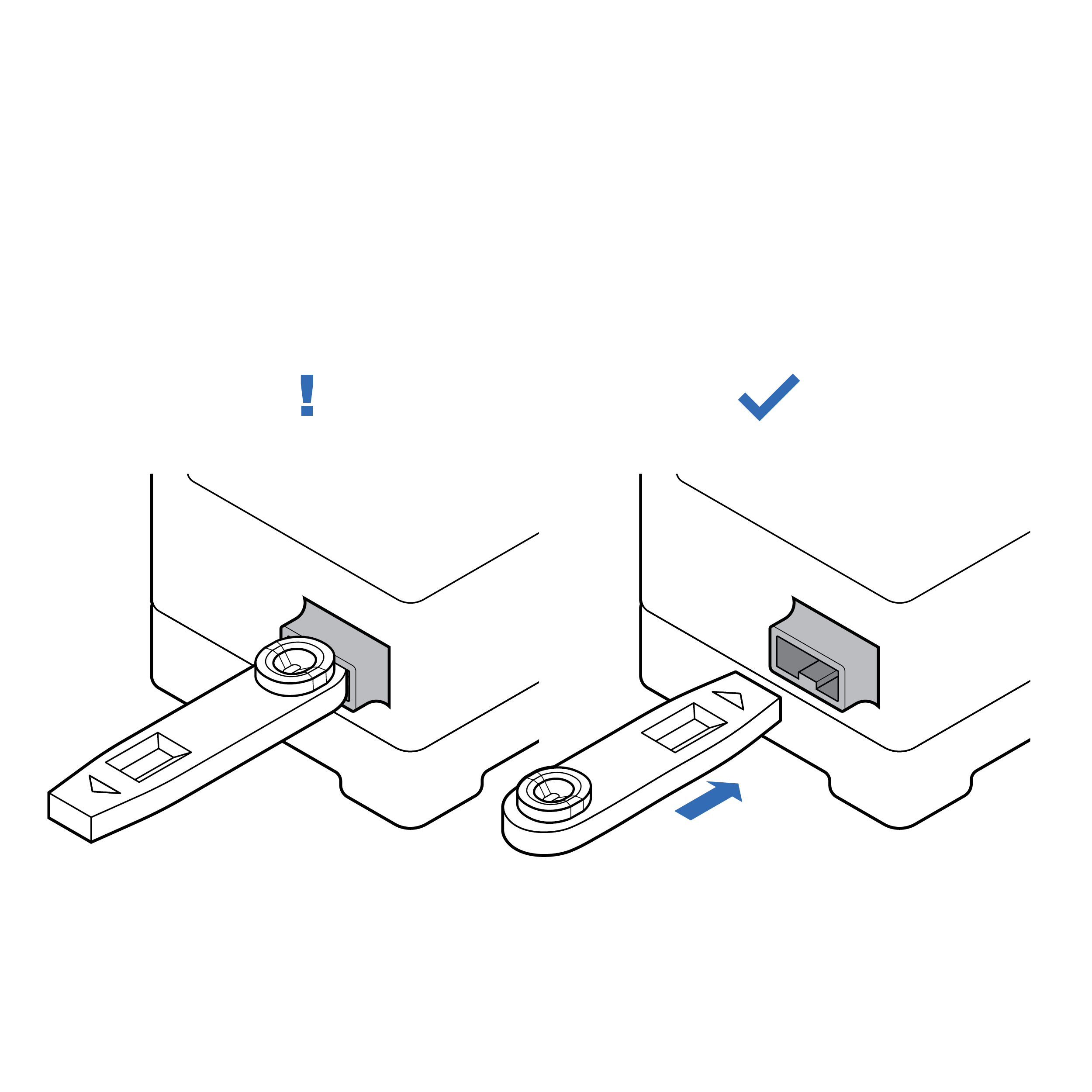 On the left, an incorrectly oriented cassette is blocked from being inserted into a test reader. A raised feature on the cassette prevents it from entering the mating feature on the test reader. A blue exclamation point above the test reader indicates that the user receives sufficient feedback for cassette insertion. On the right, a correctly oriented cassette is inserted into a test reader. A raised track in the test reader mates with a corresponding slot feature of the cassette. A blue check mark above the test reader indicates that the user receives sufficient feedback for cassette insertion.